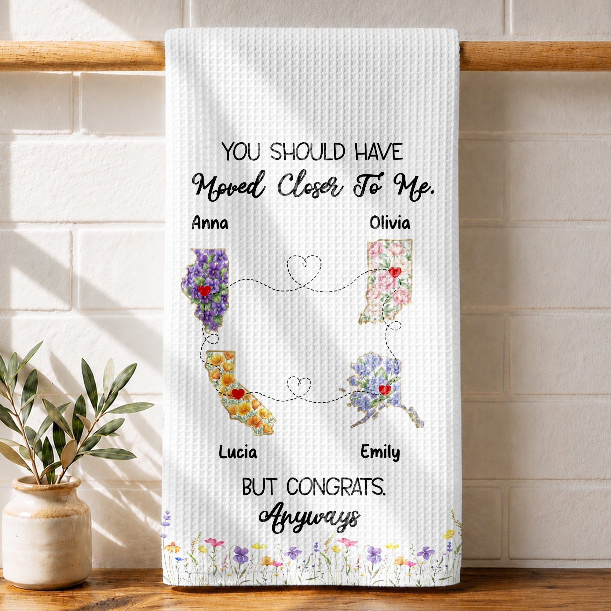 Personalized Floral States Map Kitchen Towel Gift for Best Friend