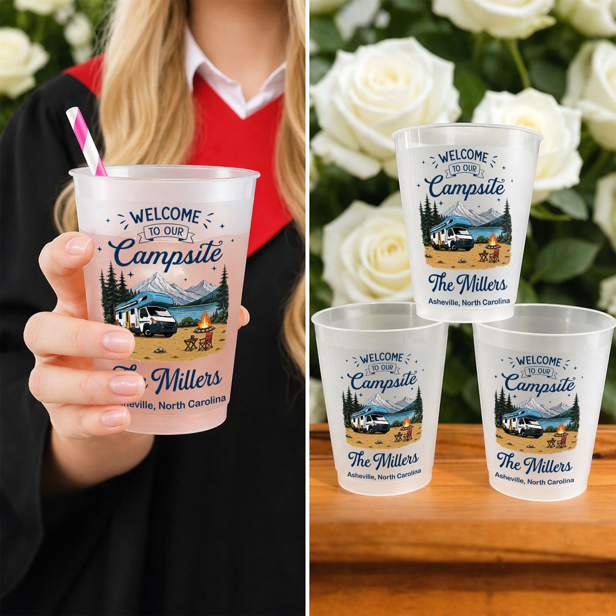 Personalized Frosted Cups Custom Name Campfire Design Gift