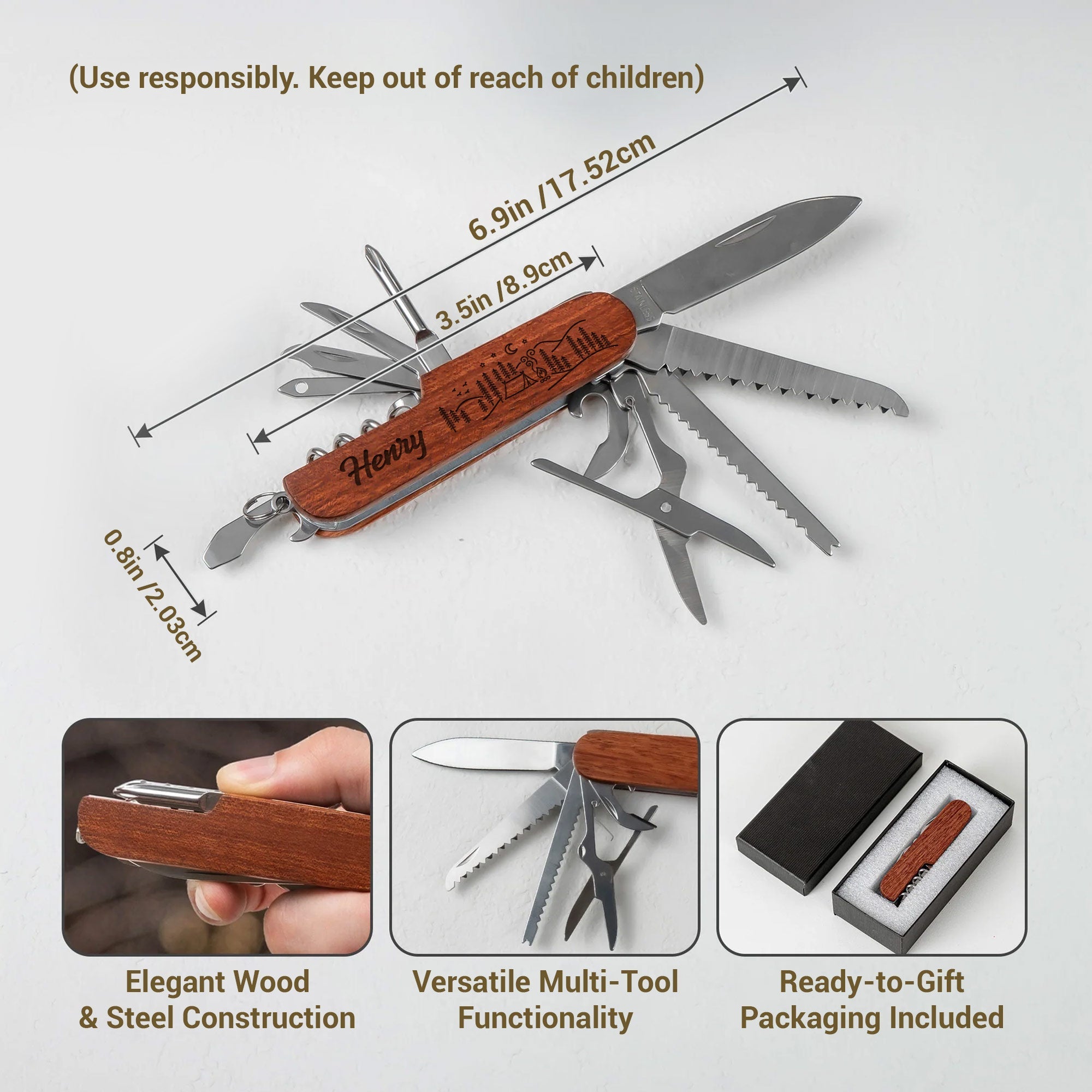 Personalized Wooden Multi Tool Custom Name Gift for Dad
