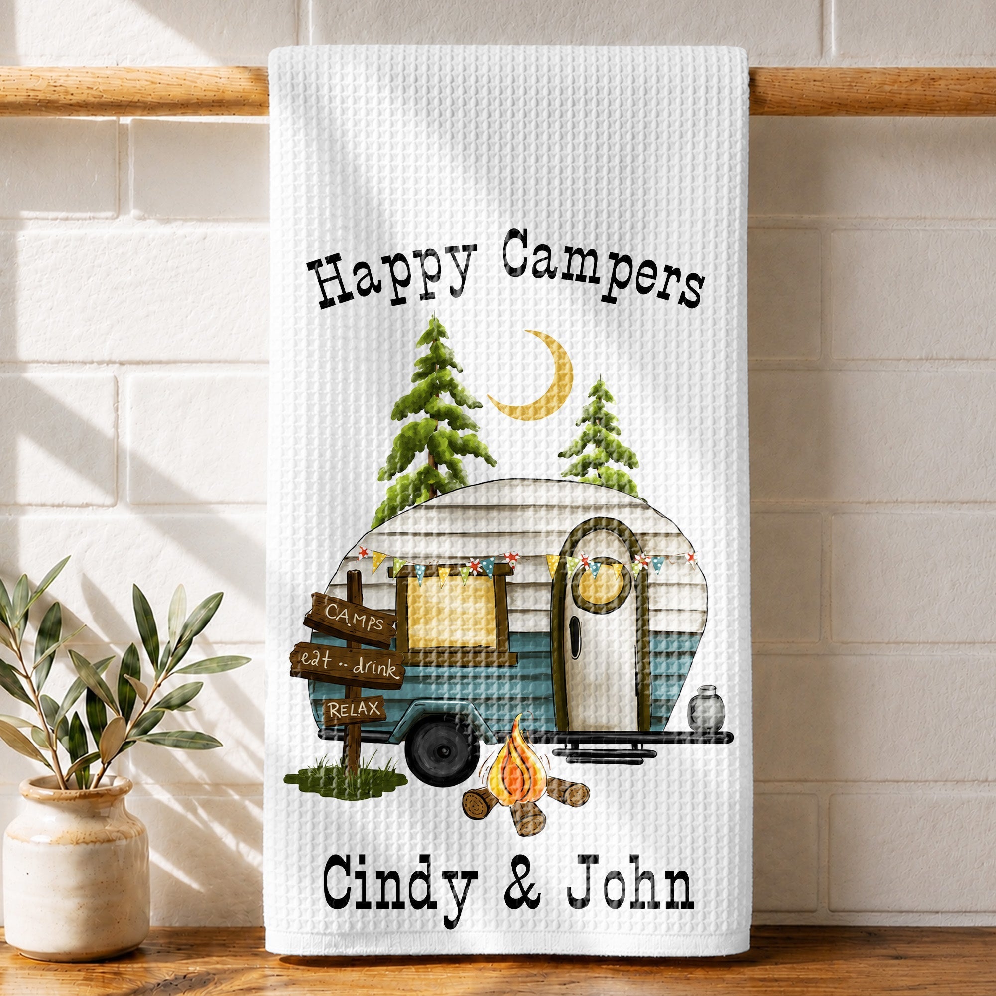 Personalized Kitchen Towel Happy Campers Vintage Camper Gift