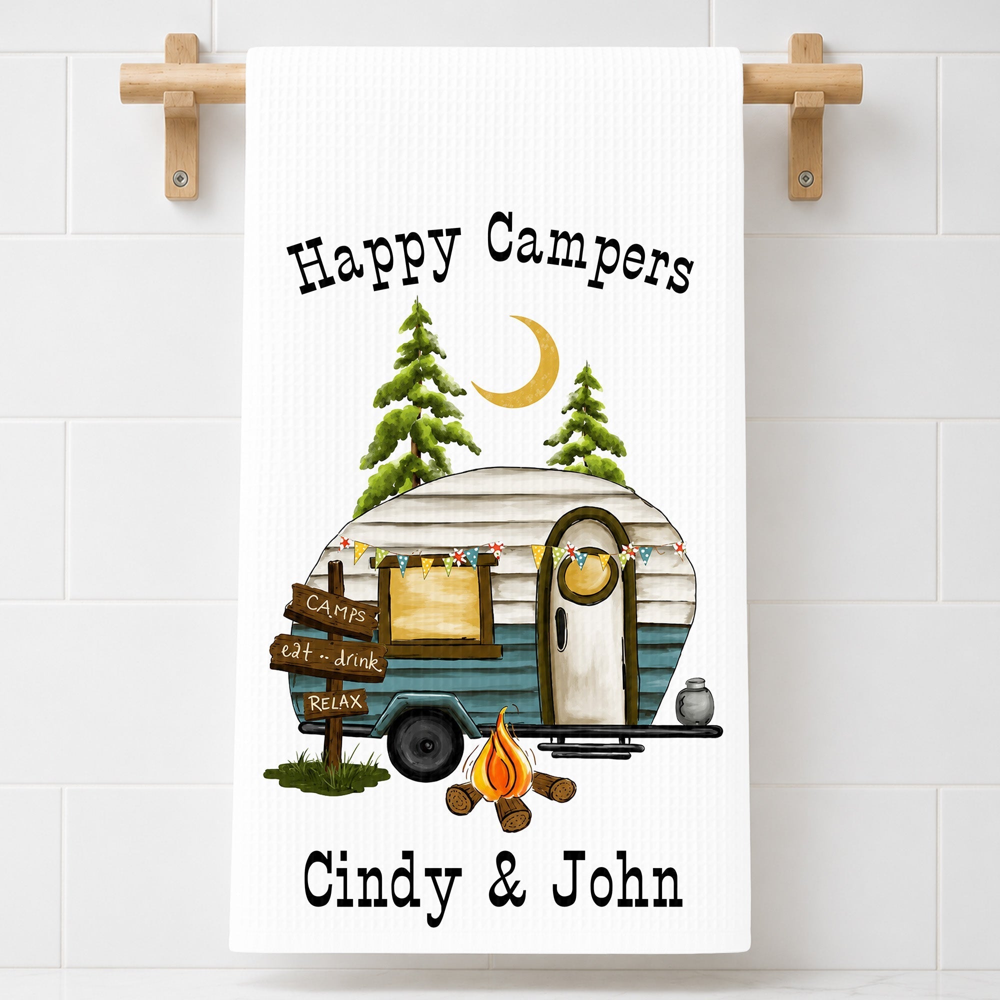 Personalized Kitchen Towel Happy Campers Vintage Camper Gift
