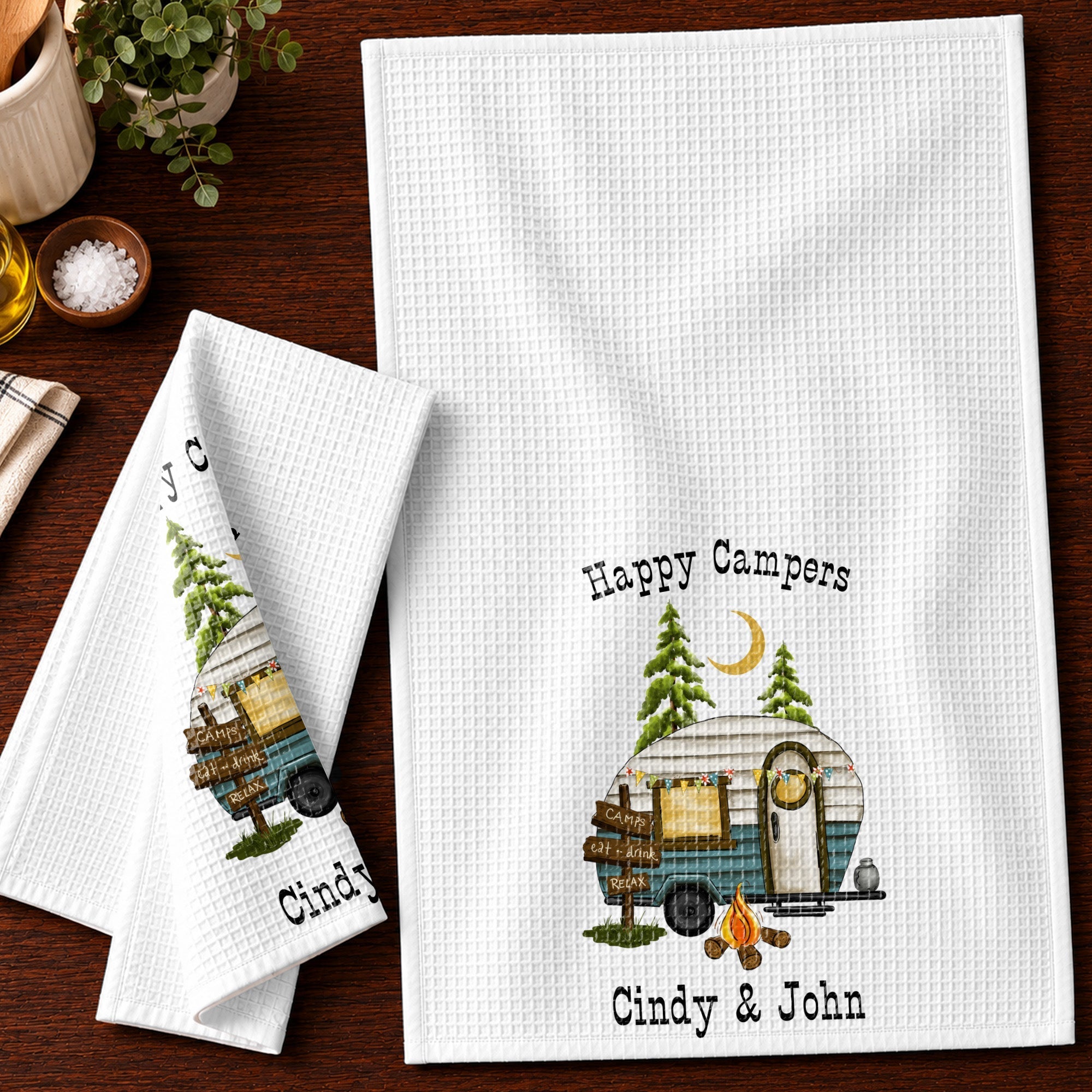 Personalized Kitchen Towel Happy Campers Vintage Camper Gift