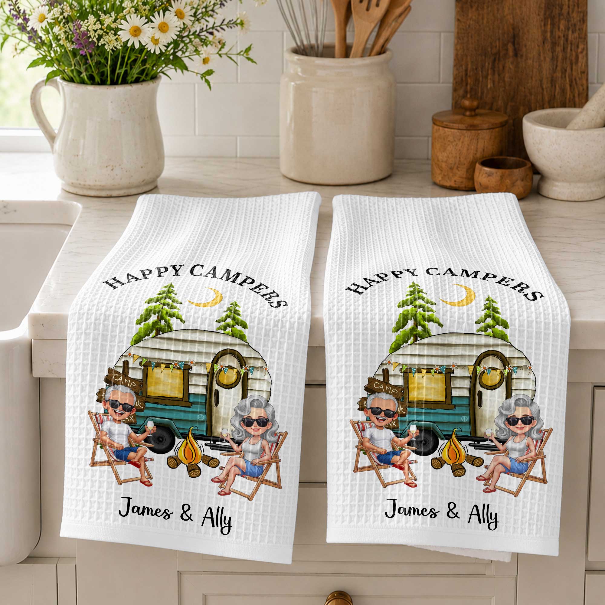 Personalized Kitchen Towel Custom Couple Gift with Camper Van