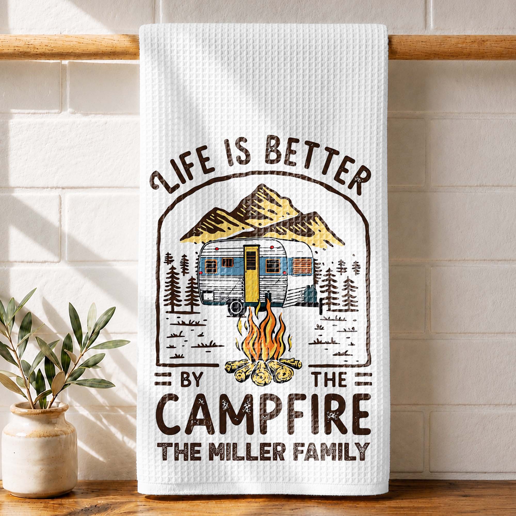 Personalized Camping Decor Kitchen Towel Family Gift - Campfire Design