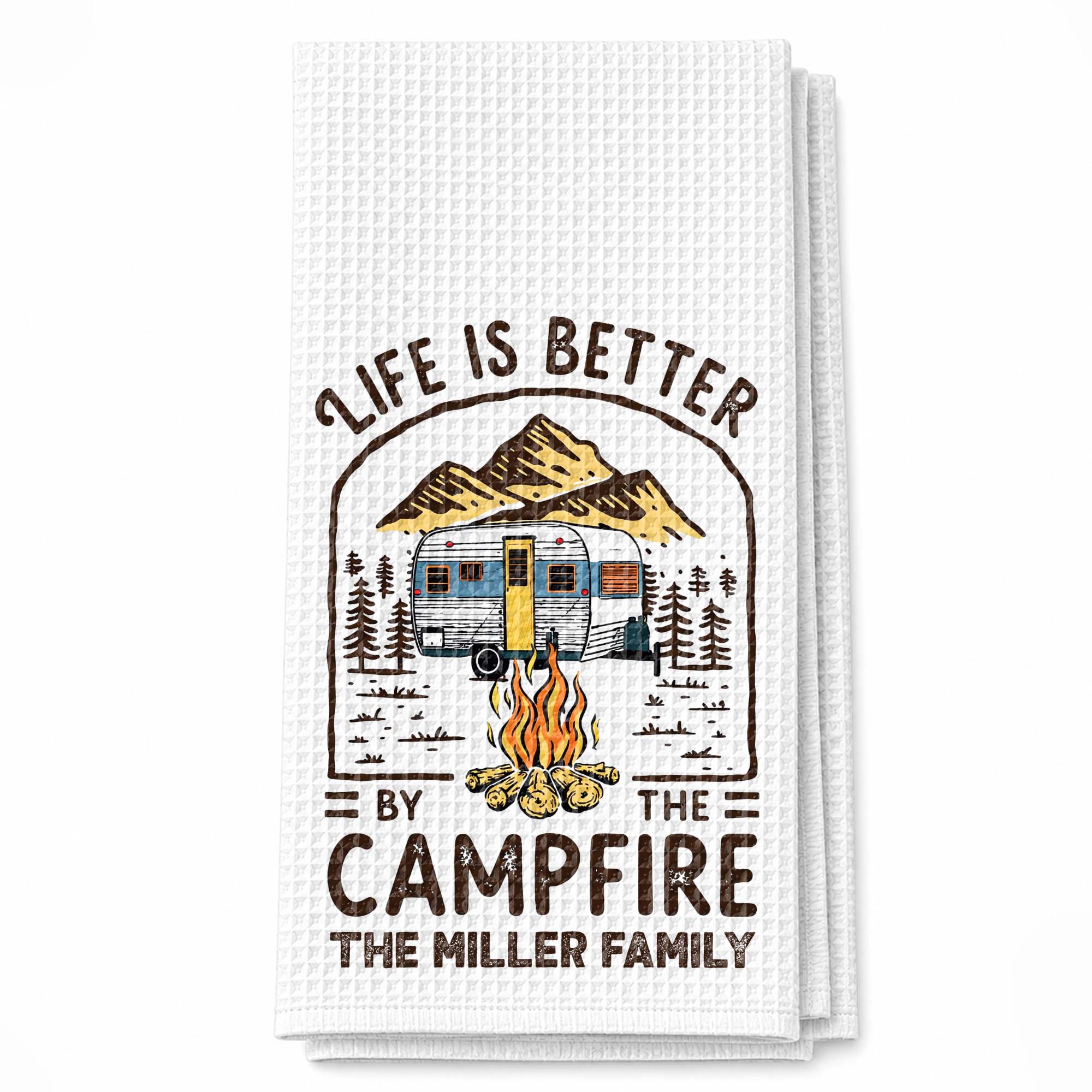 Personalized Camping Decor Kitchen Towel Family Gift - Campfire Design