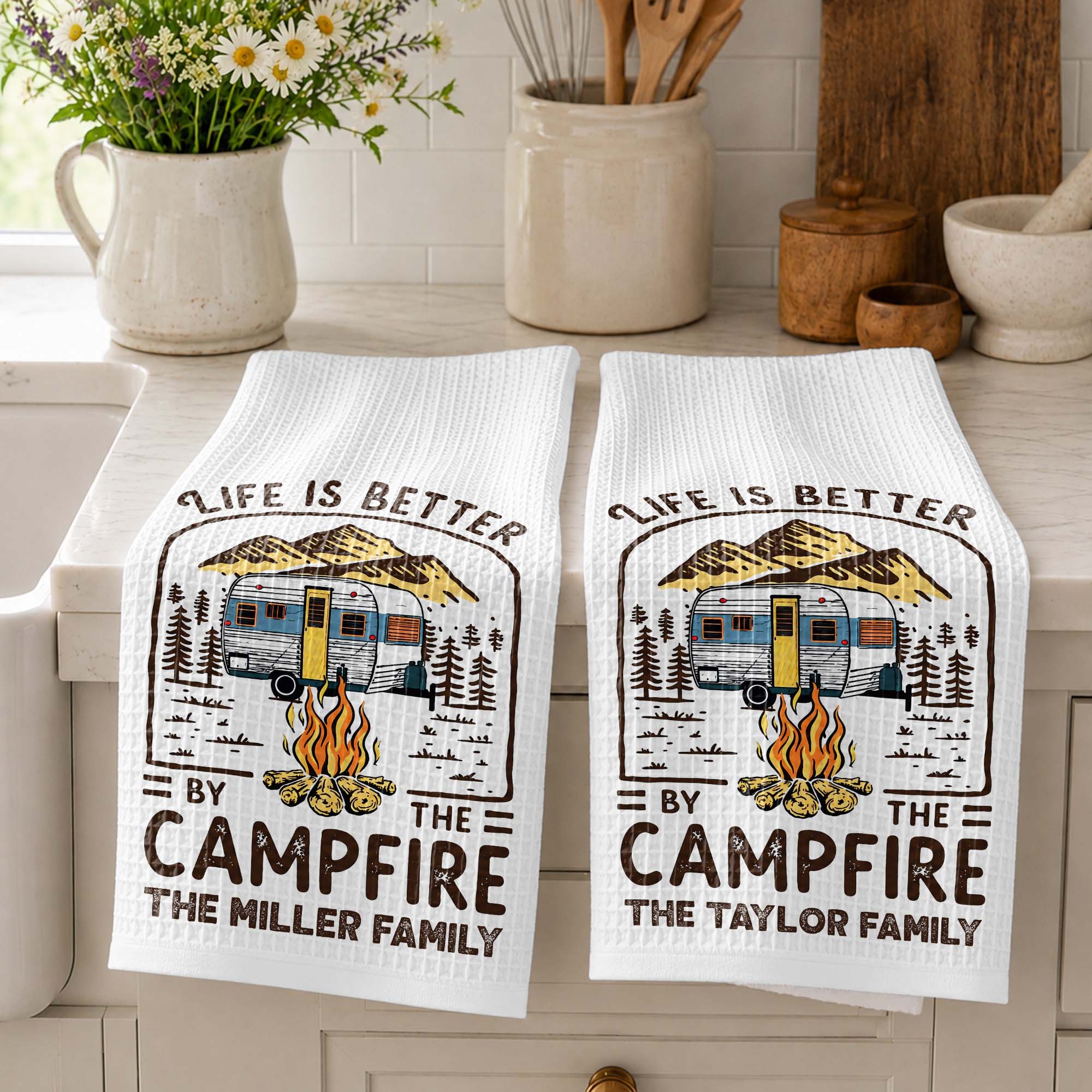 Personalized Camping Decor Kitchen Towel Family Gift - Campfire Design