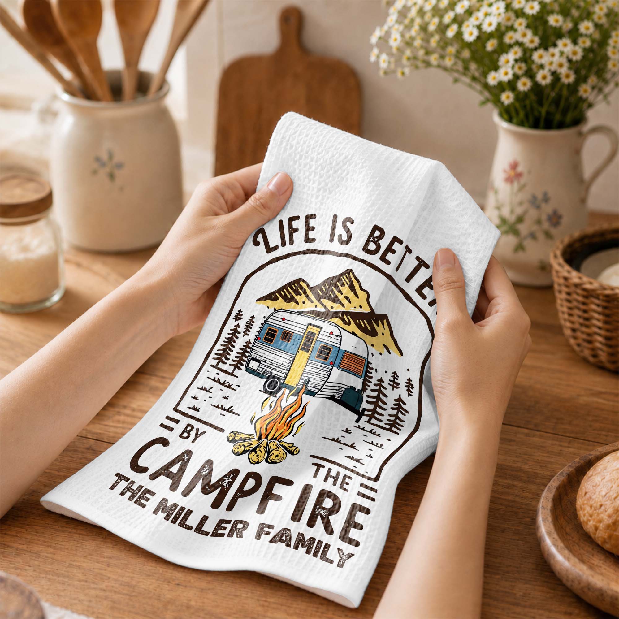 Personalized Camping Decor Kitchen Towel Family Gift - Campfire Design