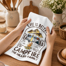 Load image into Gallery viewer, Personalized Camping Decor Kitchen Towel Family Gift - Campfire Design
