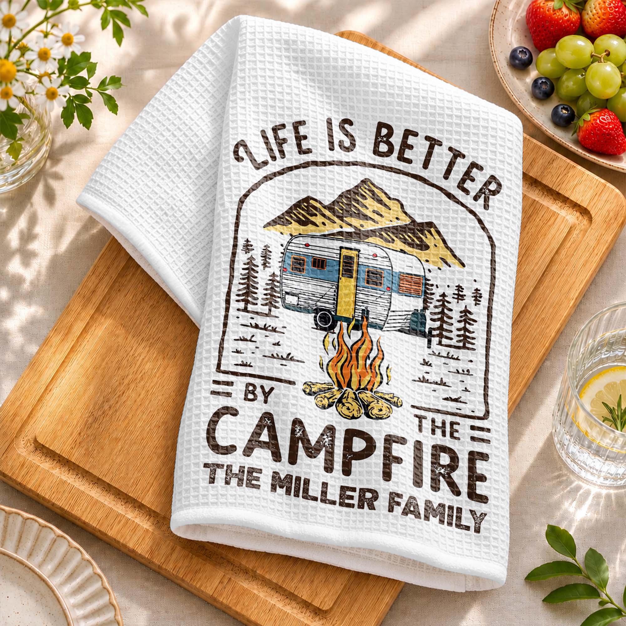 Personalized Camping Decor Kitchen Towel Family Gift - Campfire Design