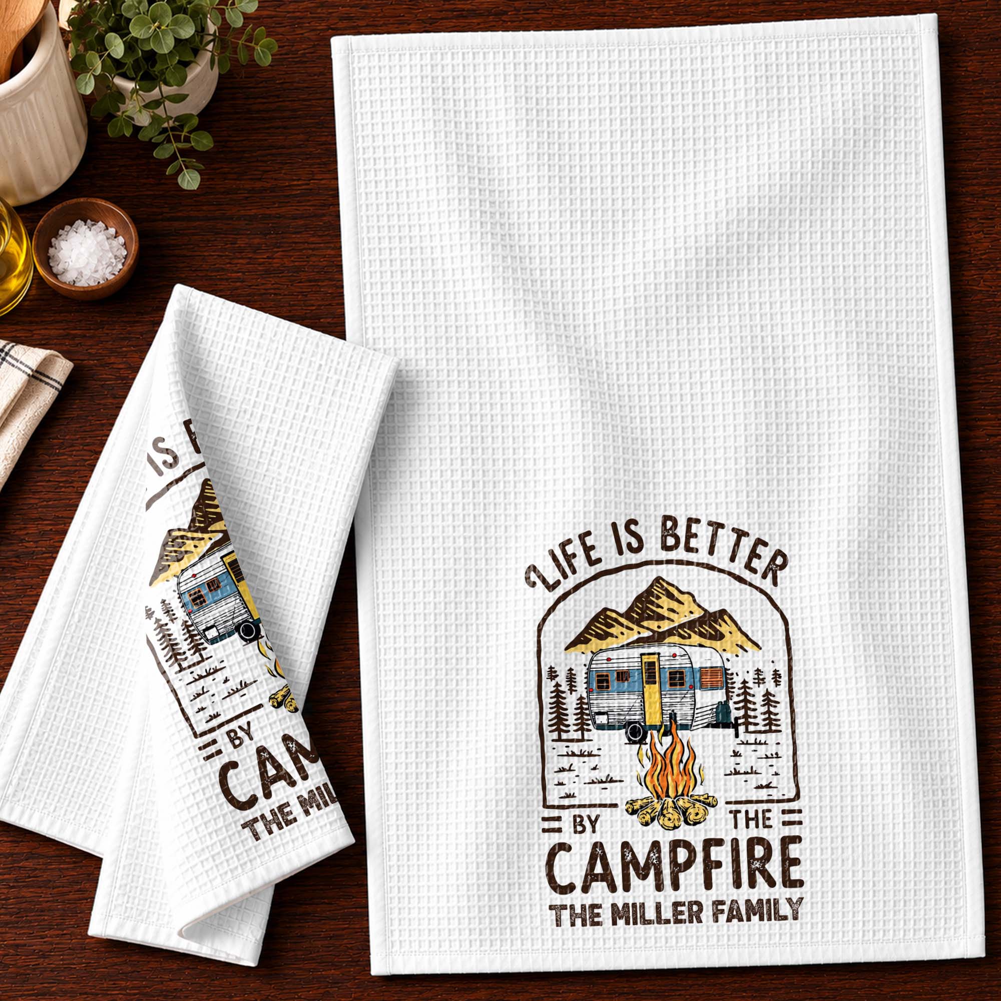 Personalized Camping Decor Kitchen Towel Family Gift - Campfire Design