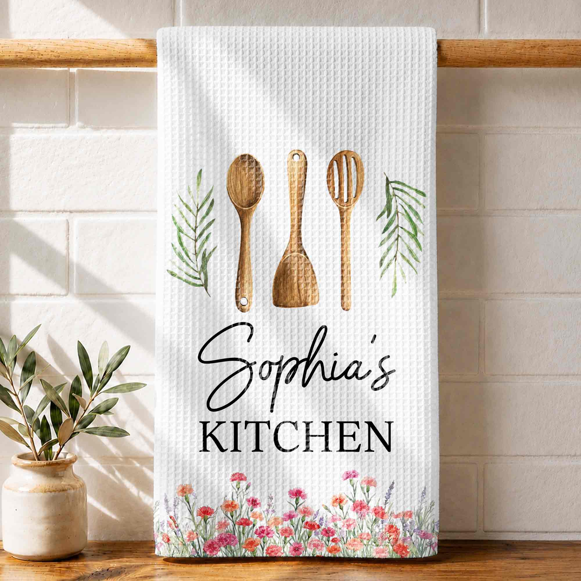 Personalized Kitchen Towel Custom Name Floral Design Gift