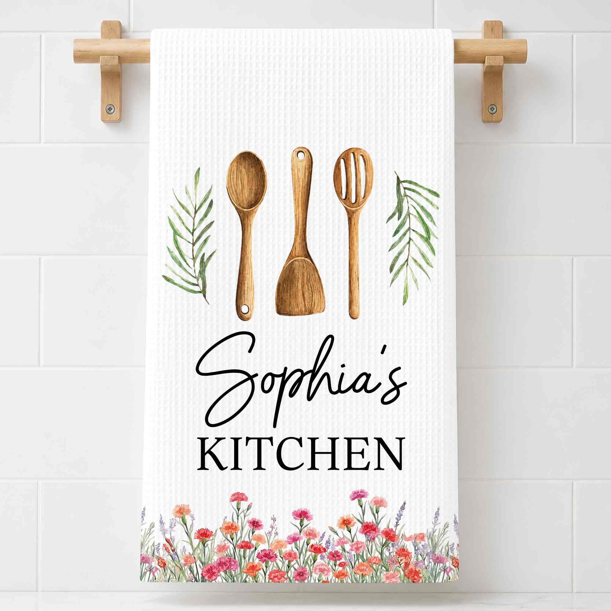 Personalized Kitchen Towel Custom Name Floral Design Gift