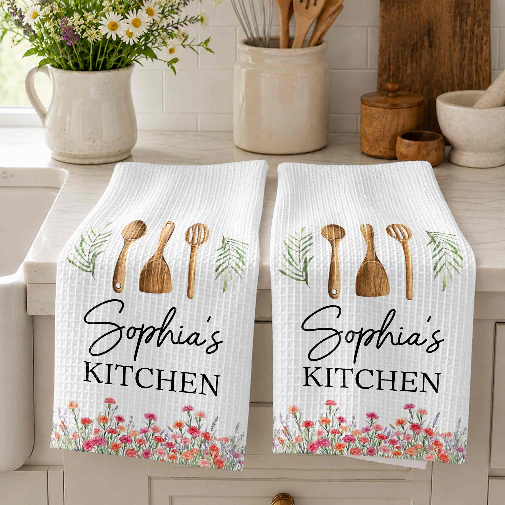 Personalized Kitchen Towel Custom Name Floral Design Gift