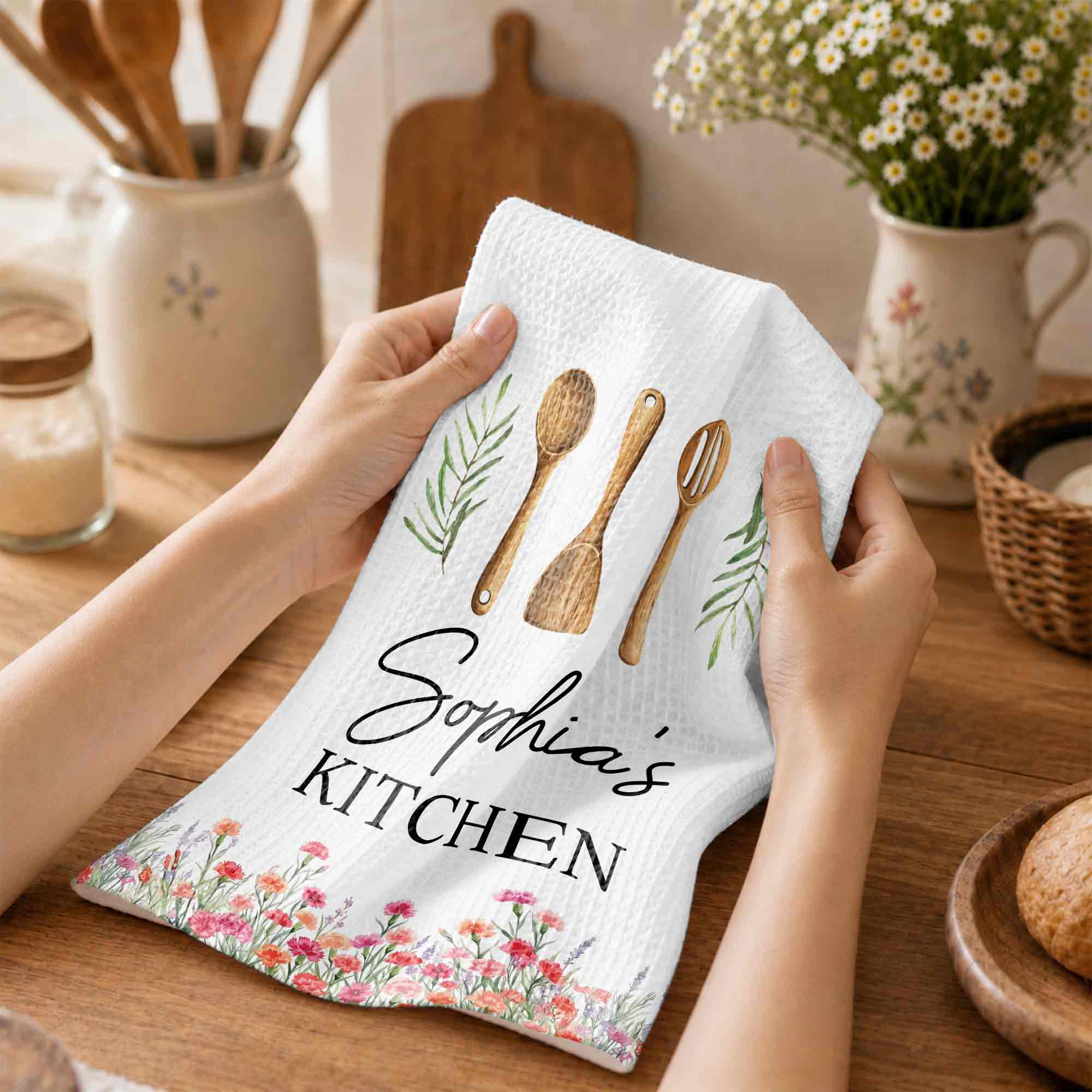 Personalized Kitchen Towel Custom Name Floral Design Gift
