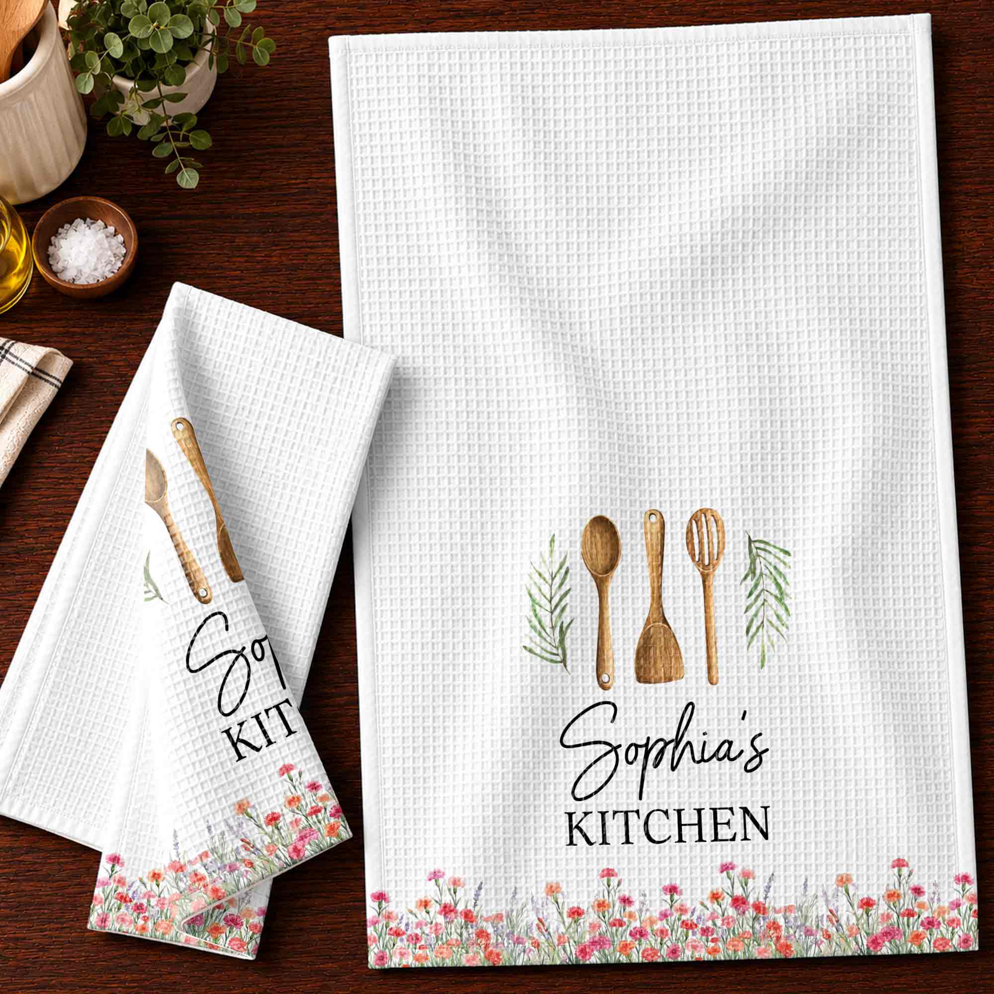 Personalized Kitchen Towel Custom Name Floral Design Gift