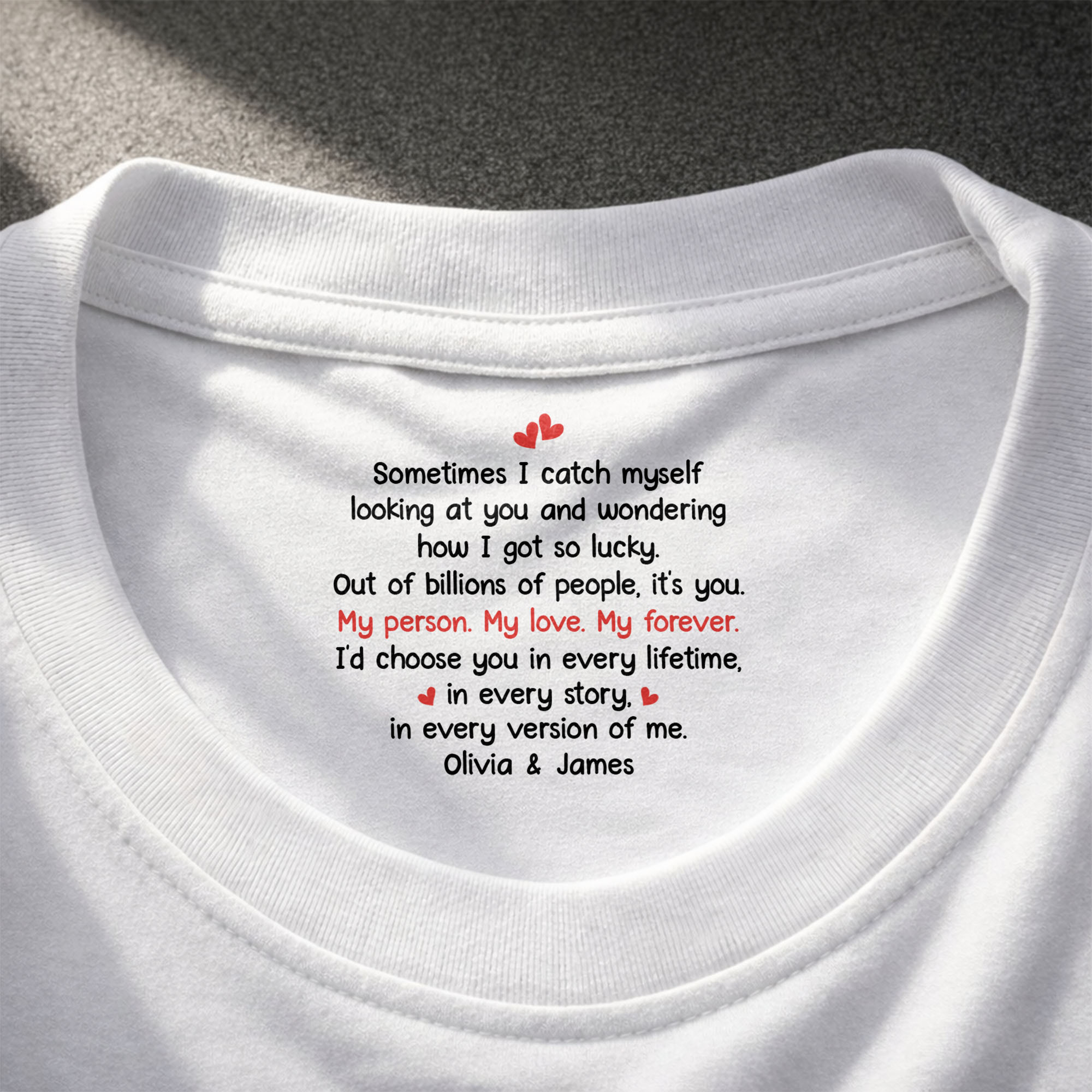 Personalized Romantic Couple T-Shirt with Inside Neck Print Gift