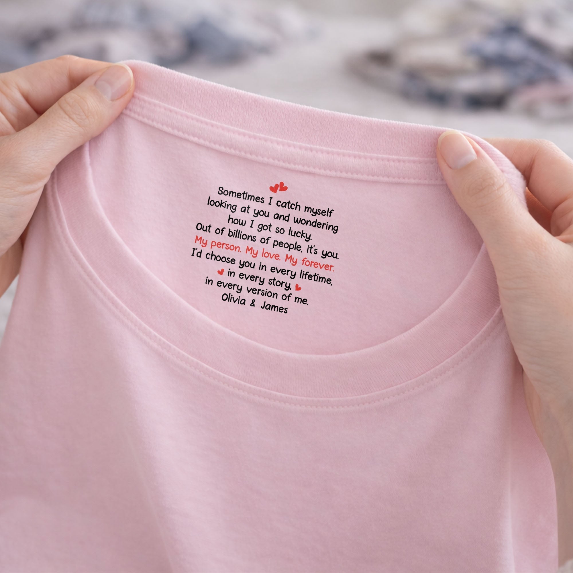 Personalized Romantic Couple T-Shirt with Inside Neck Print Gift