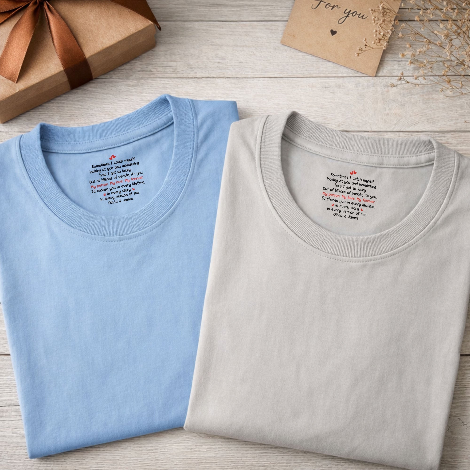 Personalized Romantic Couple T-Shirt with Inside Neck Print Gift