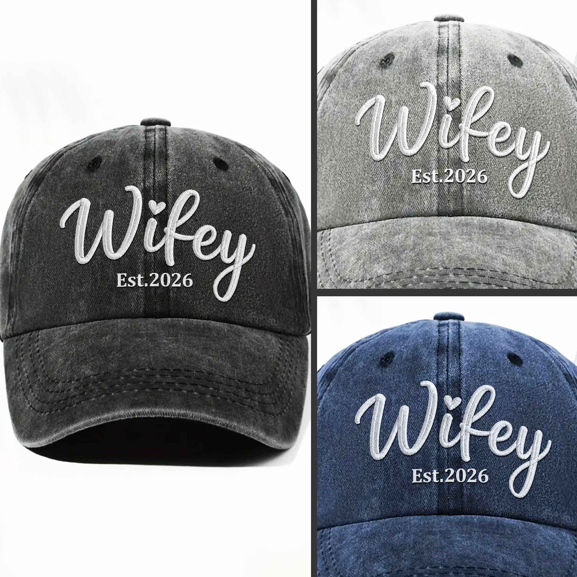 Personalized Washed Denim Cap Customized Heart Text Gift for Couples