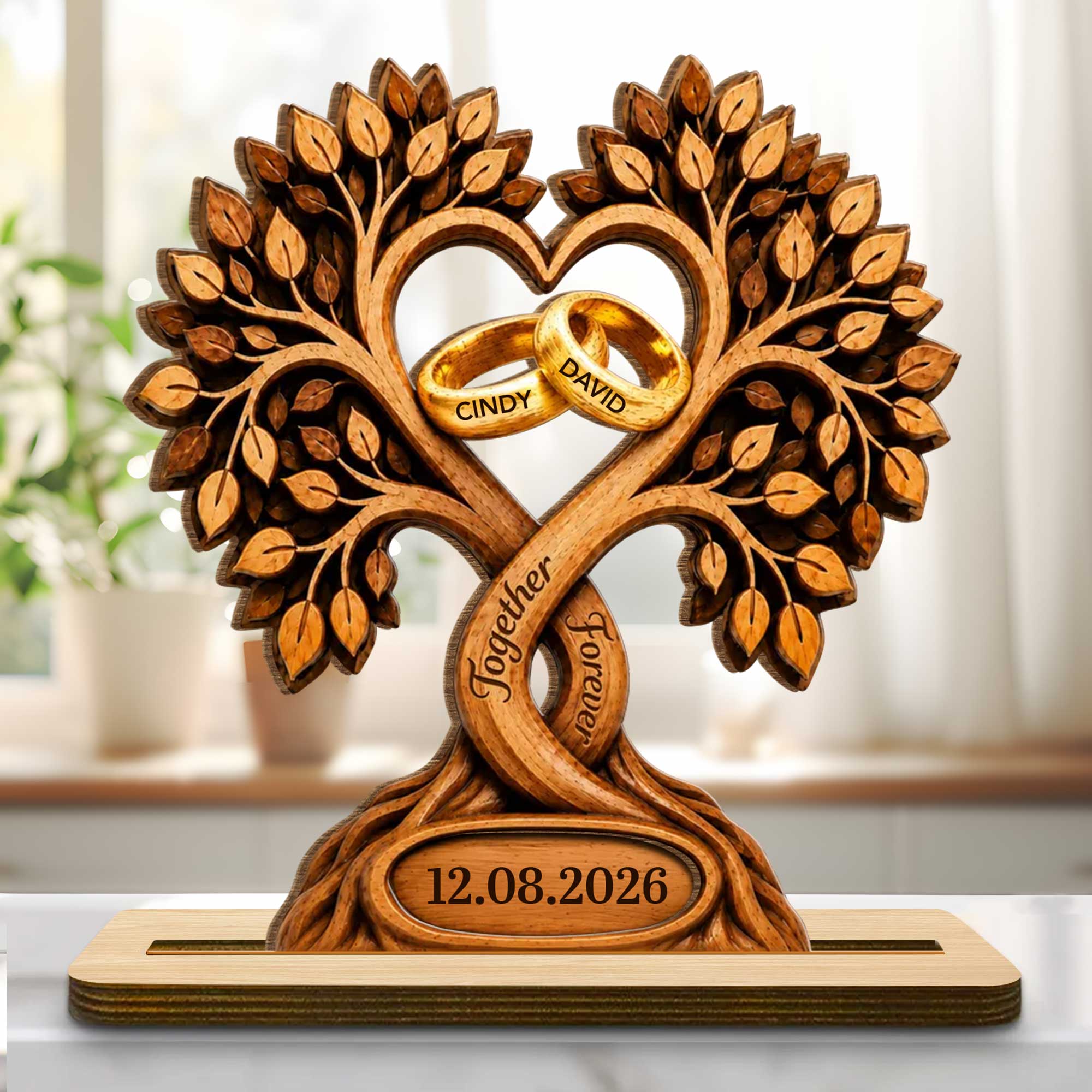 Personalized 2-Layer Wood Plaque Heart with Wedding Rings Gift for Couples