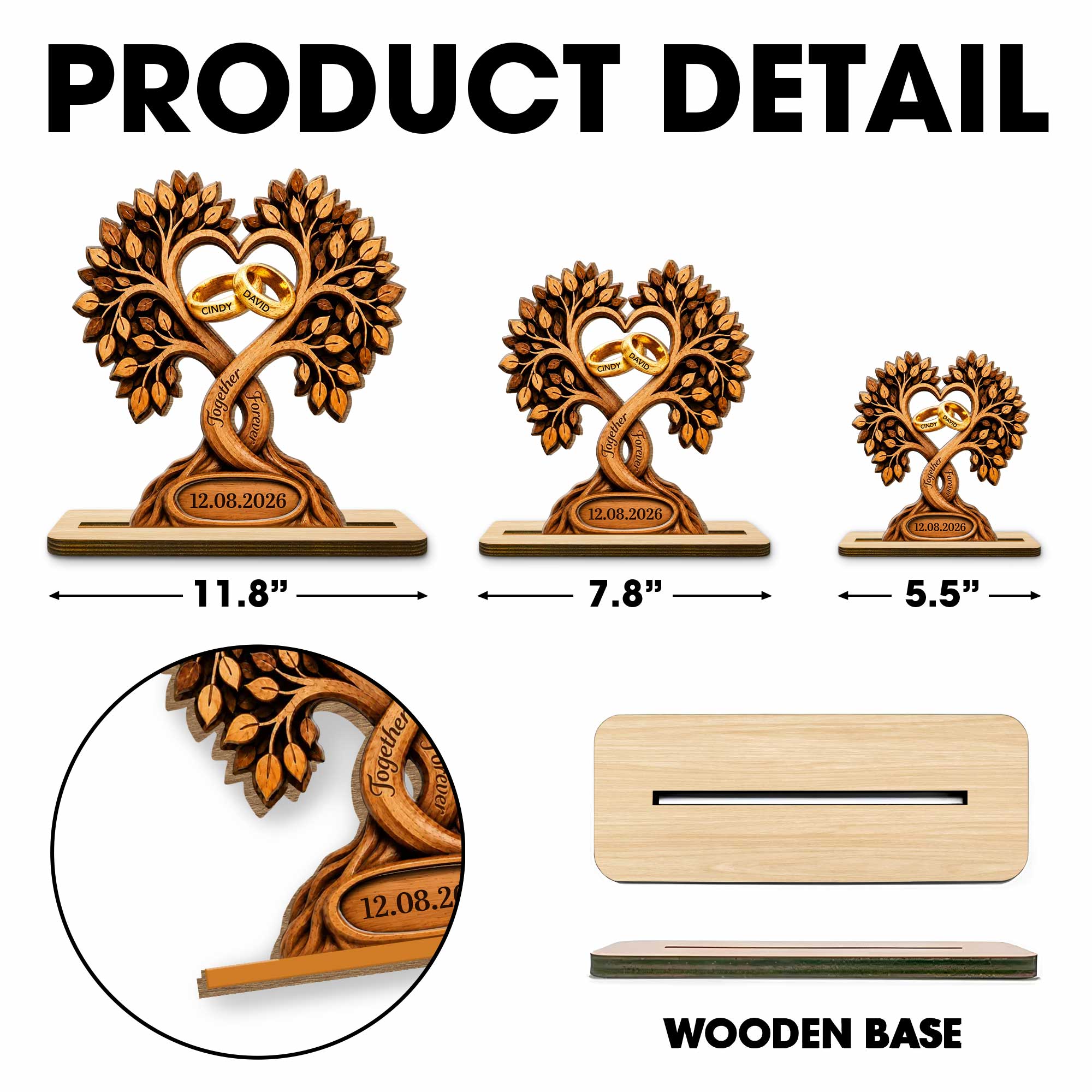 Personalized 2-Layer Wood Plaque Heart with Wedding Rings Gift for Couples