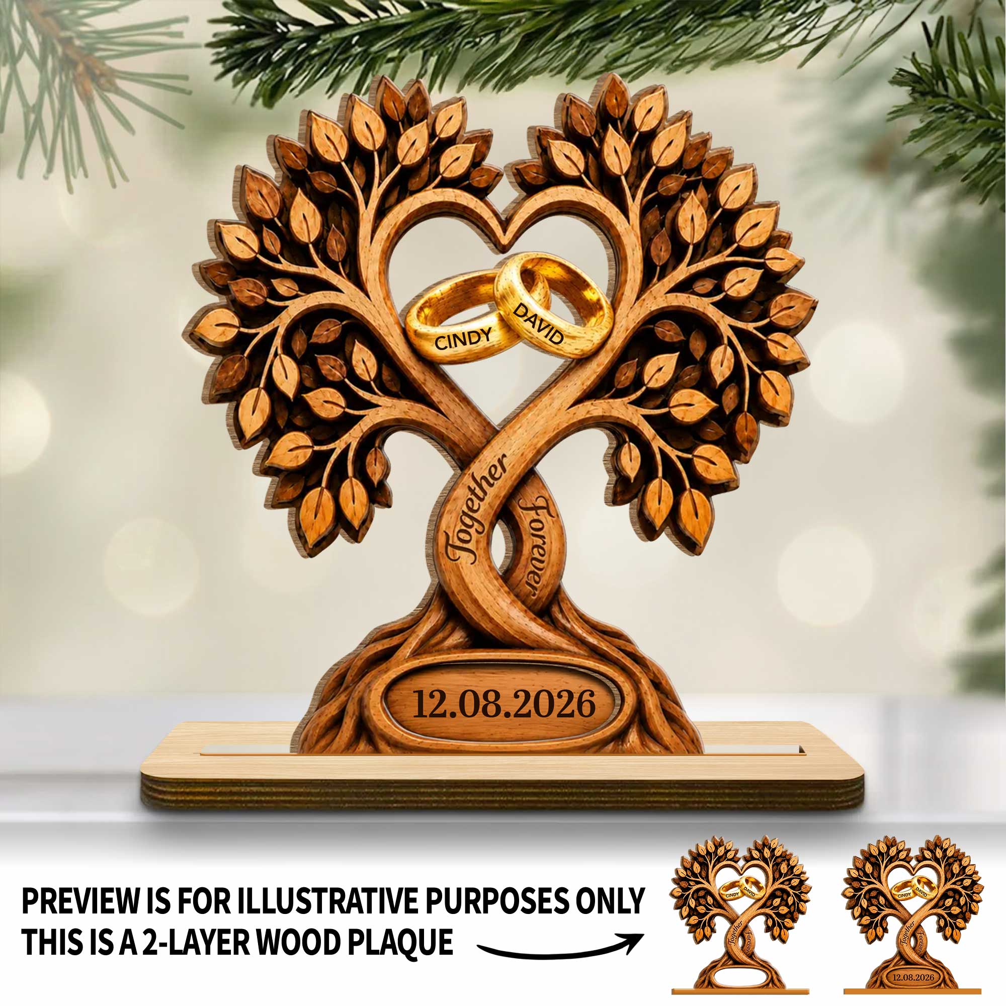 Personalized 2-Layer Wood Plaque Heart with Wedding Rings Gift for Couples