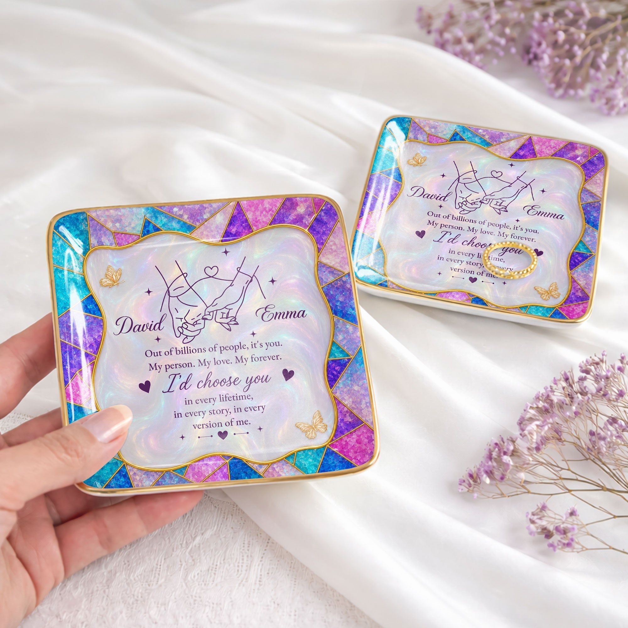 Personalized Stained Glass Jewelry Dish Custom Gift for Couple