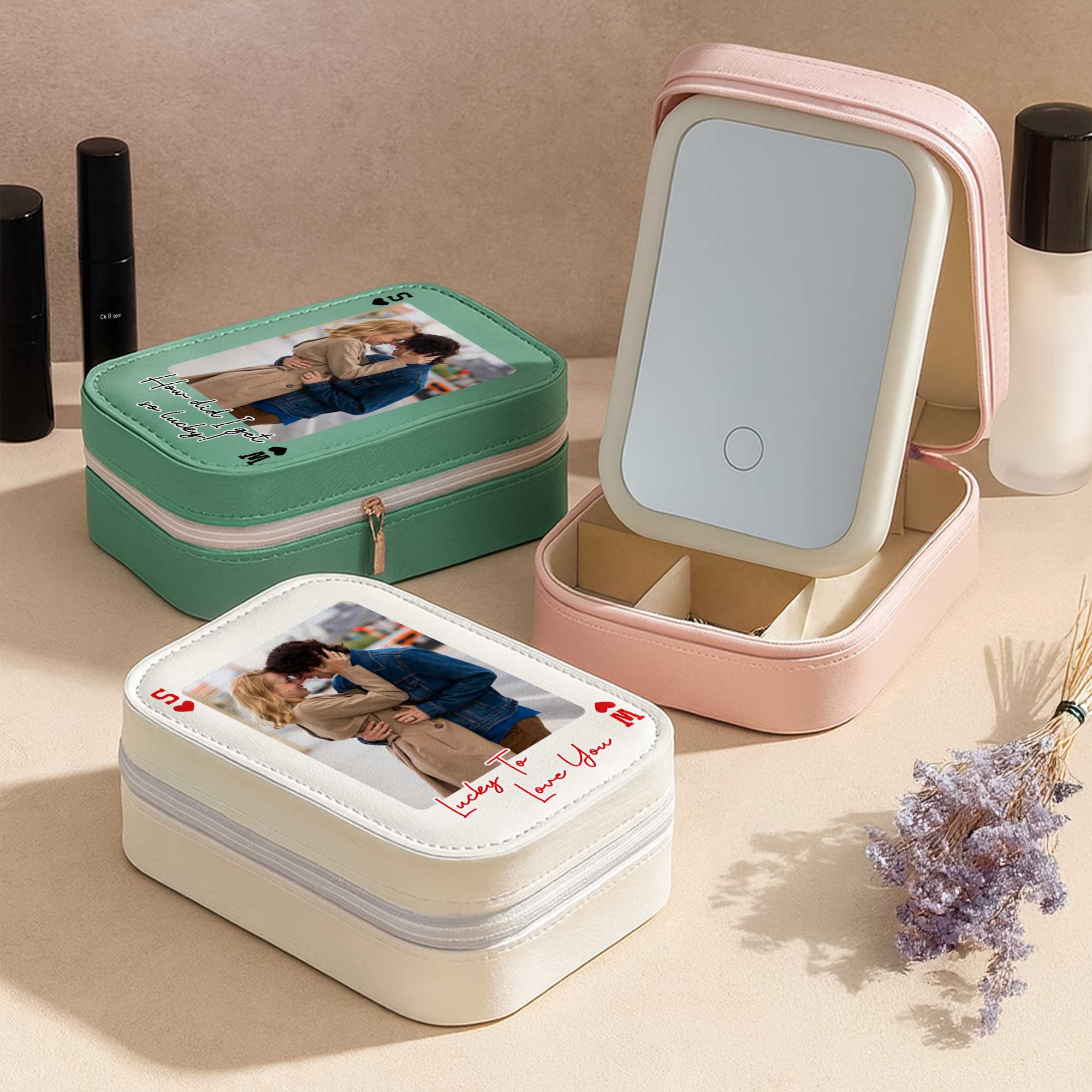 Personalized LED Mirror Jewelry Box Custom Name Gift for Couples
