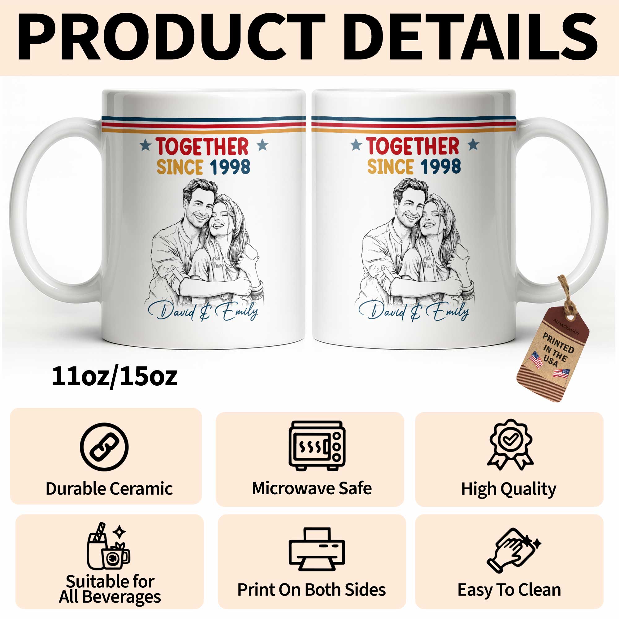 Personalized Retro Stripes Coffee Mug Custom Couple Gift