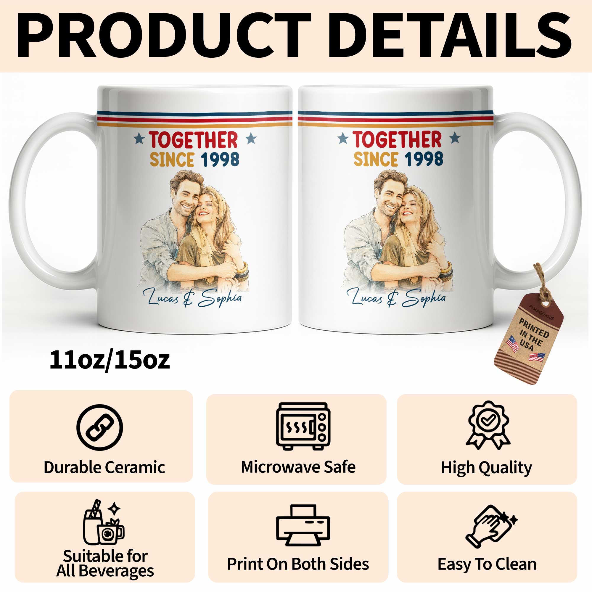 Personalized Retro Couple Portrait Coffee Mug Custom Art Gift
