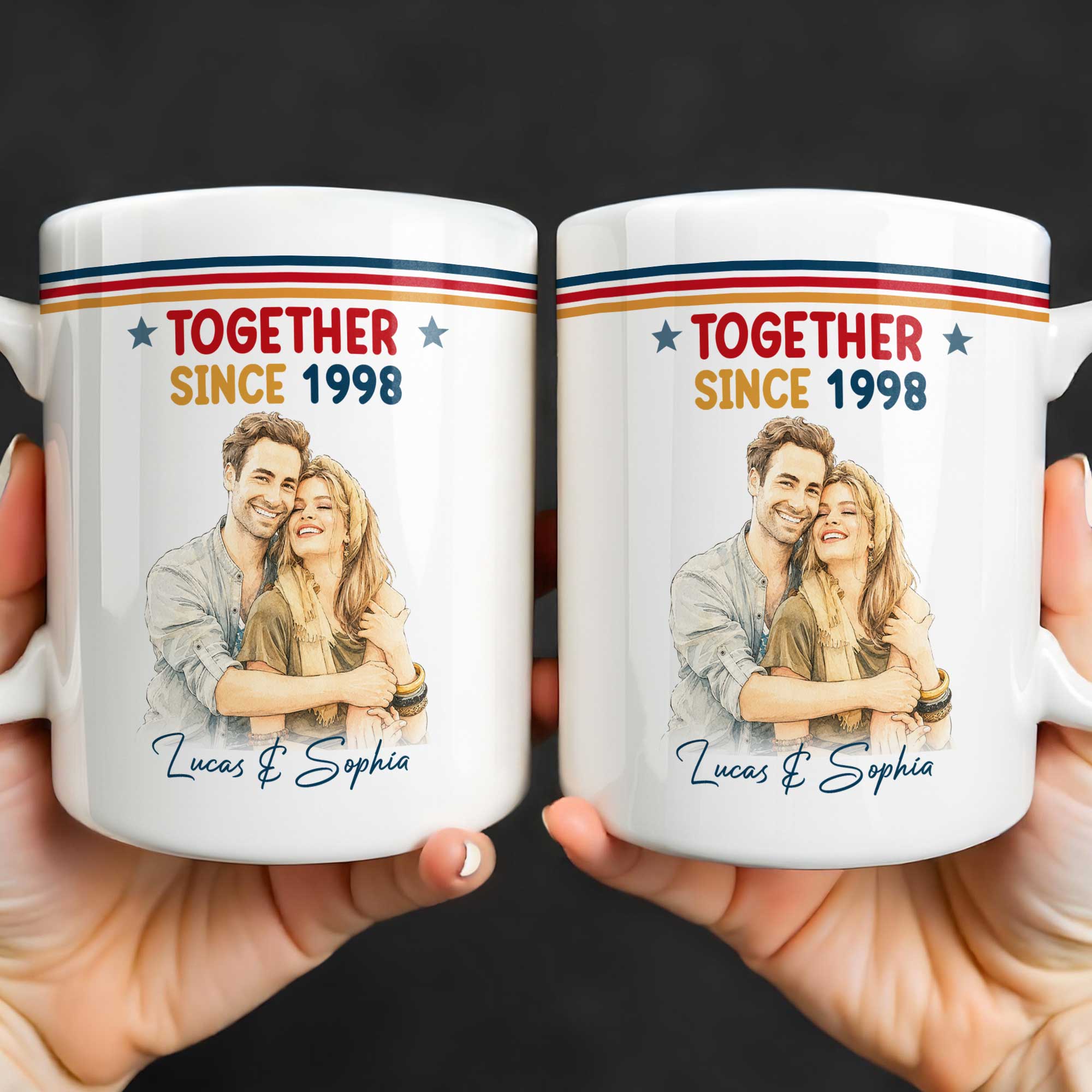 Personalized Retro Couple Portrait Coffee Mug Custom Art Gift