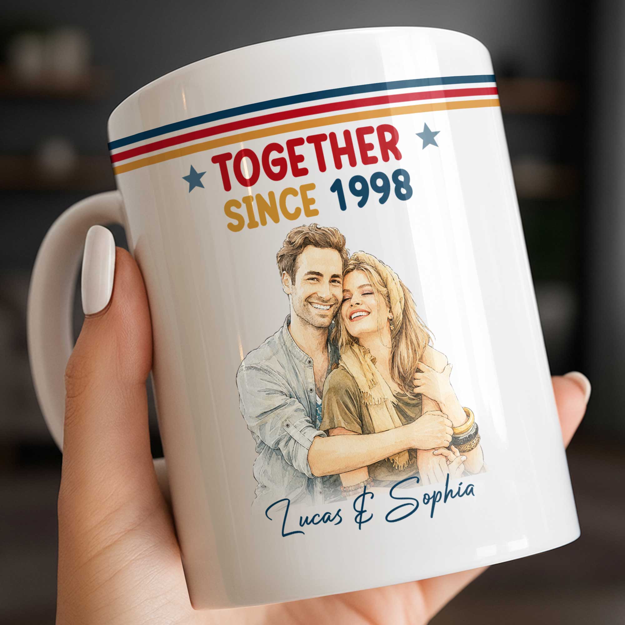Personalized Retro Couple Portrait Coffee Mug Custom Art Gift