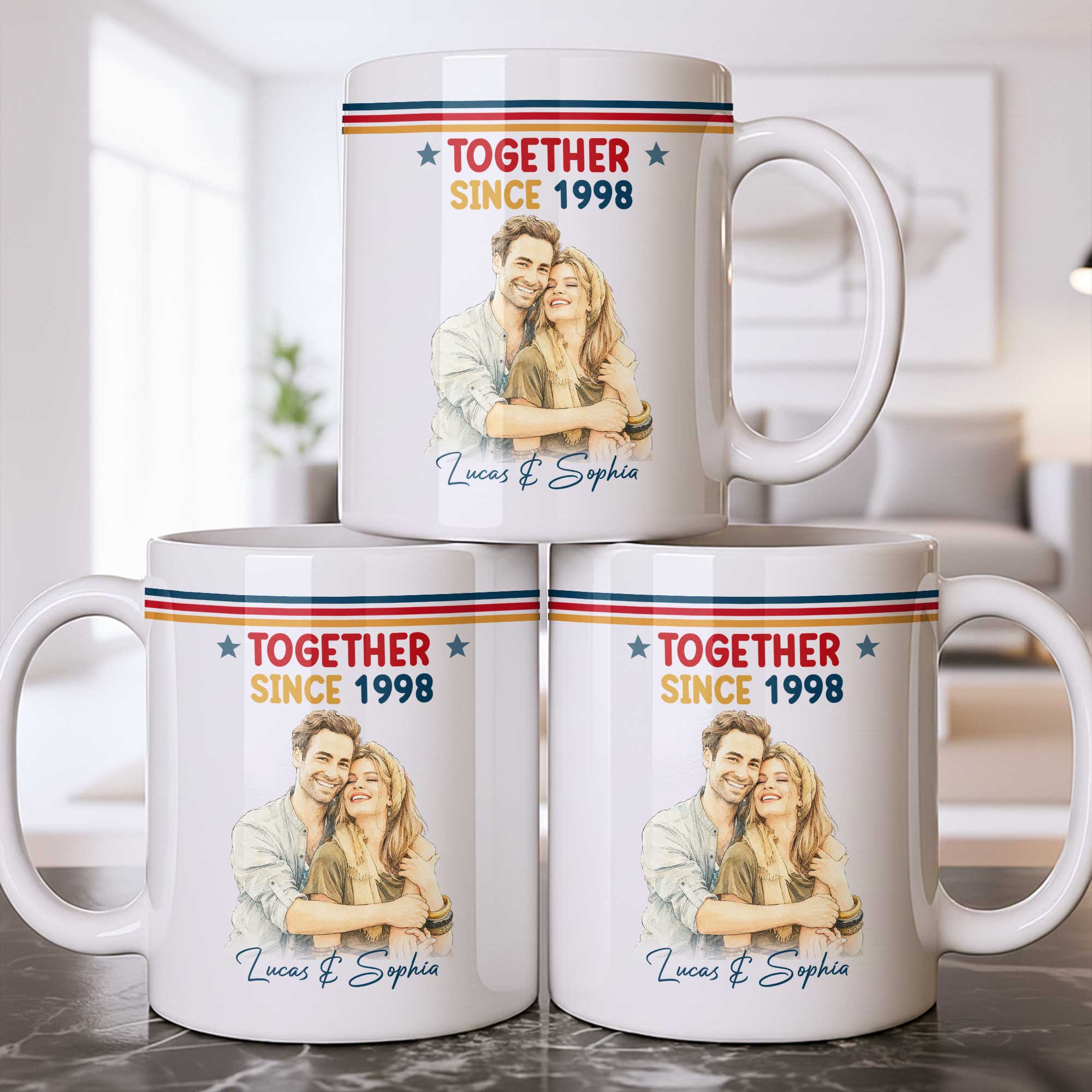 Personalized Retro Couple Portrait Coffee Mug Custom Art Gift