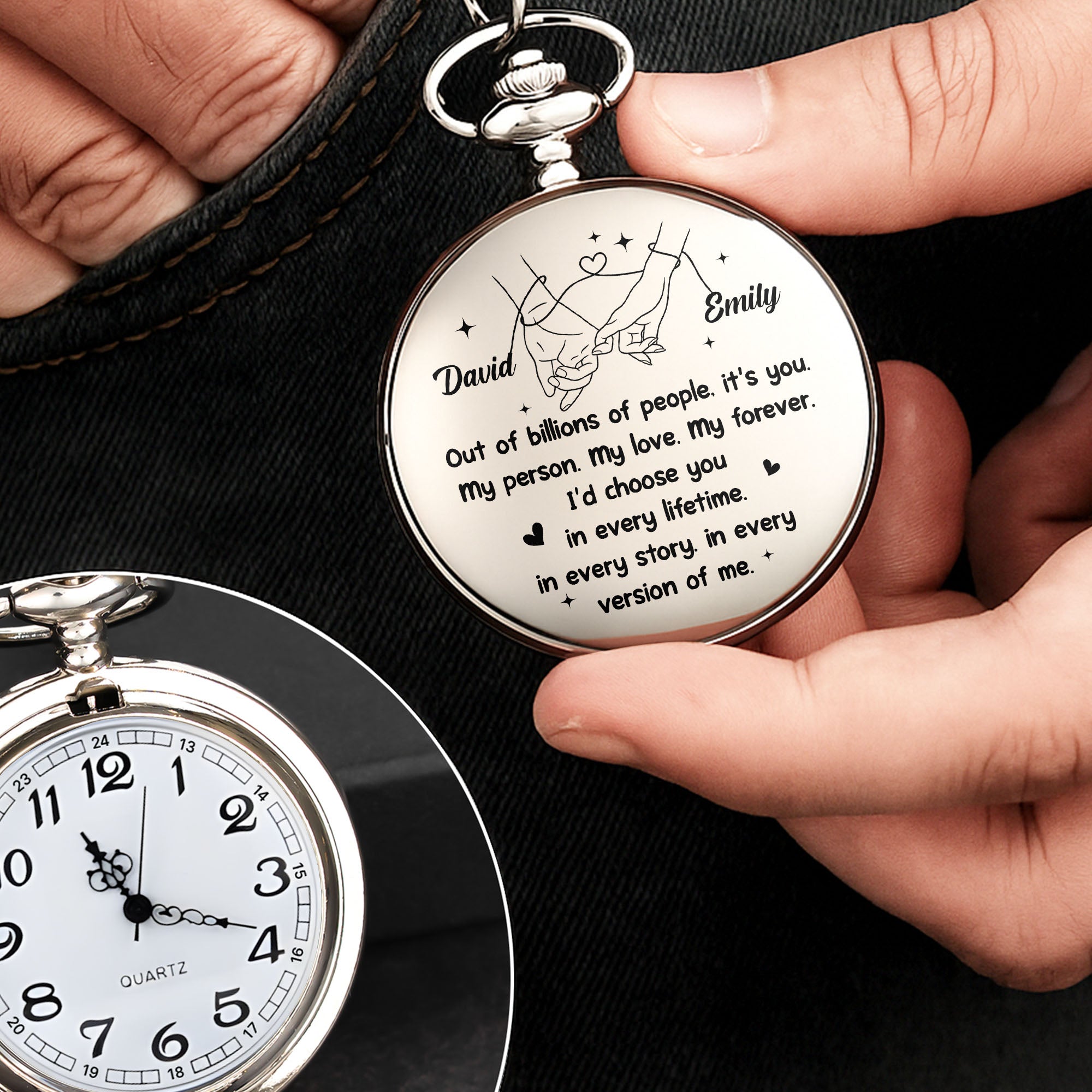 Personalized Silver Plated Pocket Watch Unique Couple Gift
