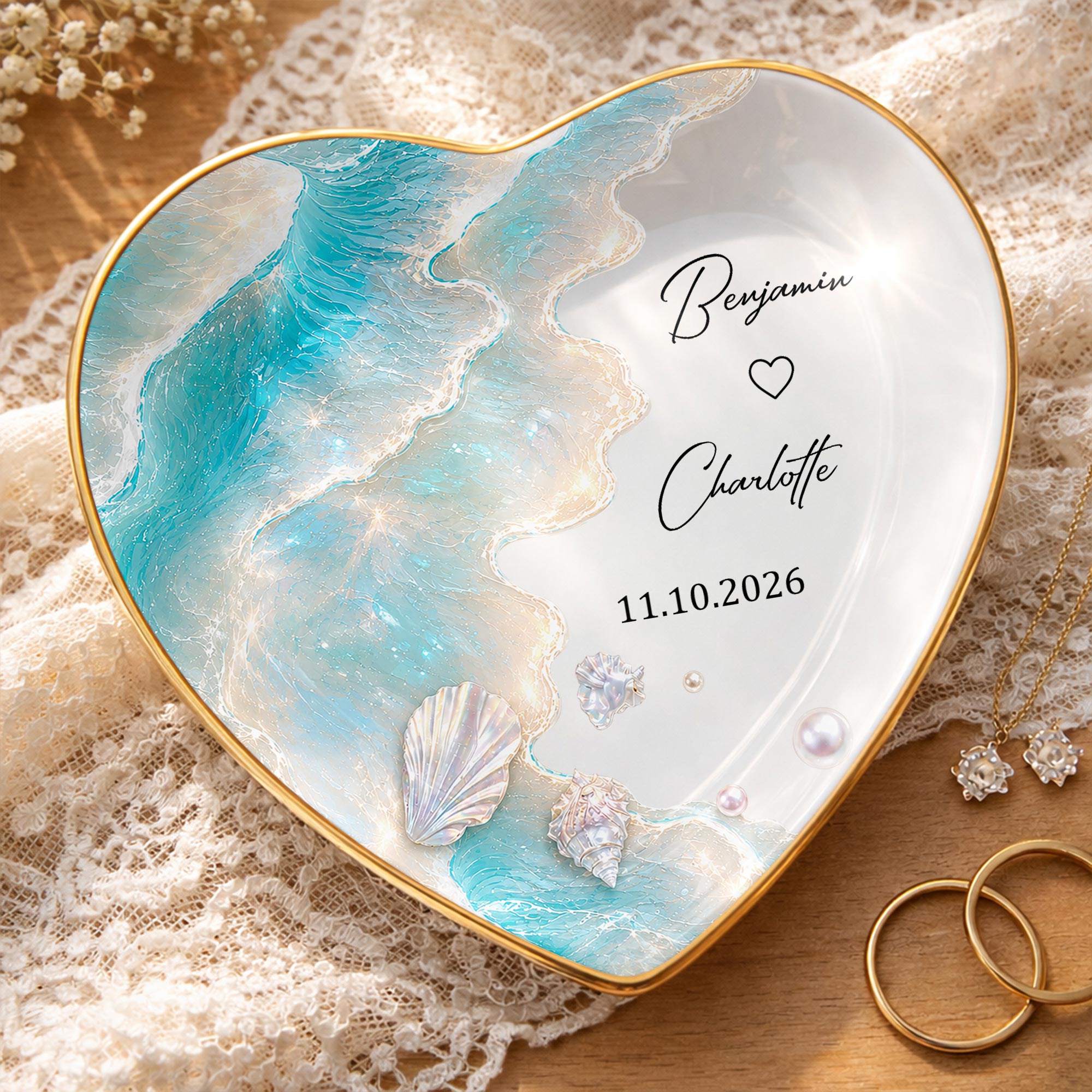 Personalized Heart Jewelry Dish Custom Name Ring Holder Gift for Couples