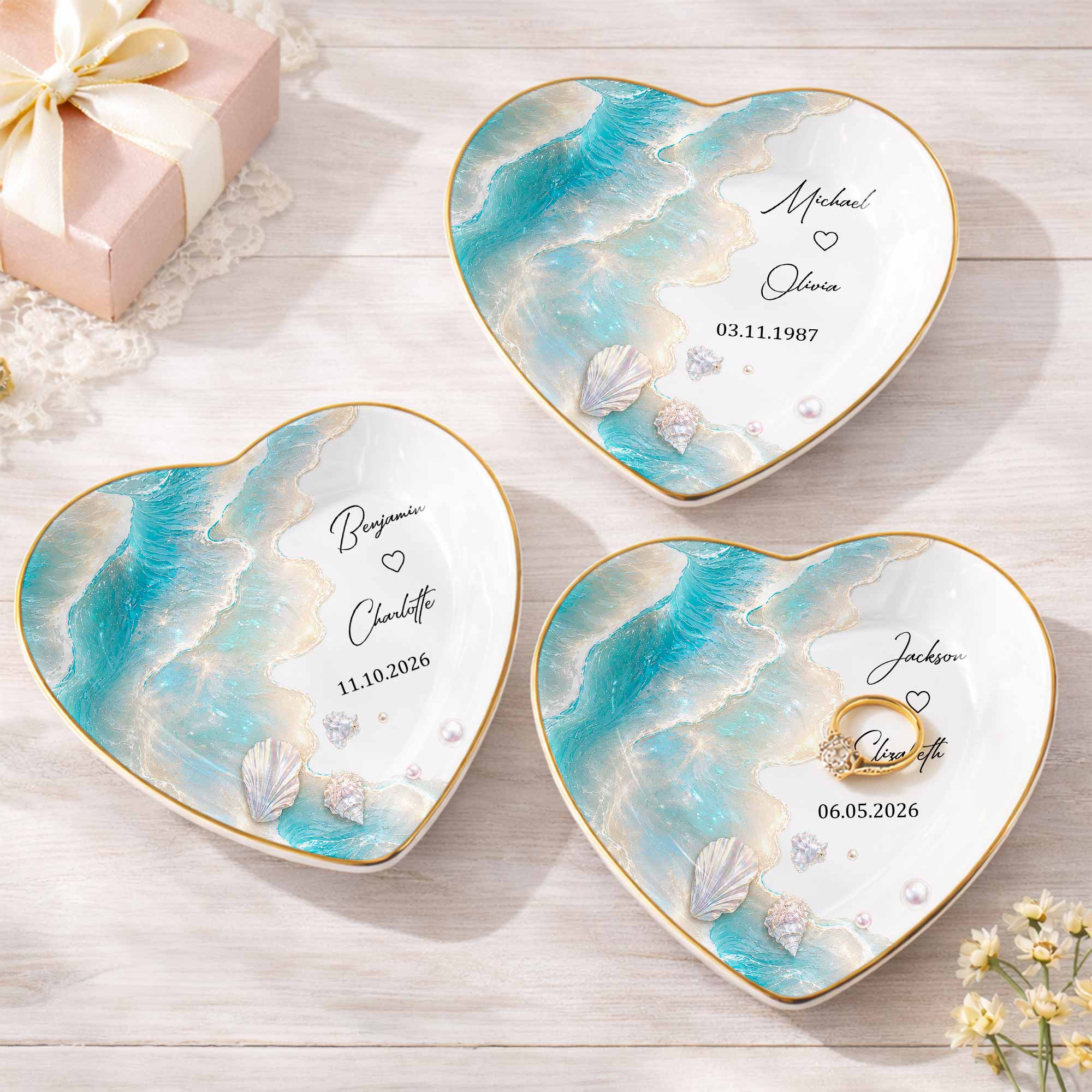 Personalized Heart Jewelry Dish Custom Name Ring Holder Gift for Couples