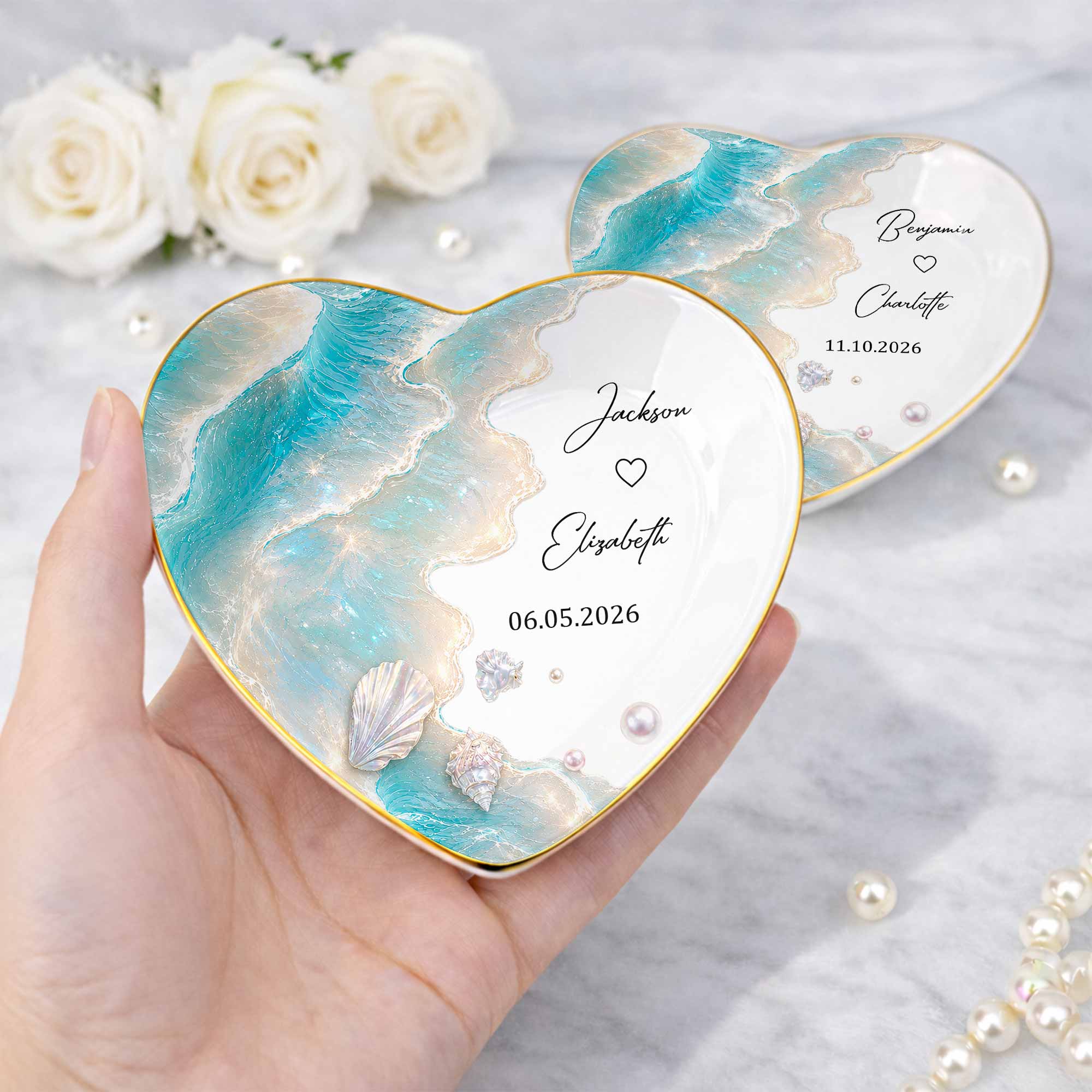 Personalized Heart Jewelry Dish Custom Name Ring Holder Gift for Couples