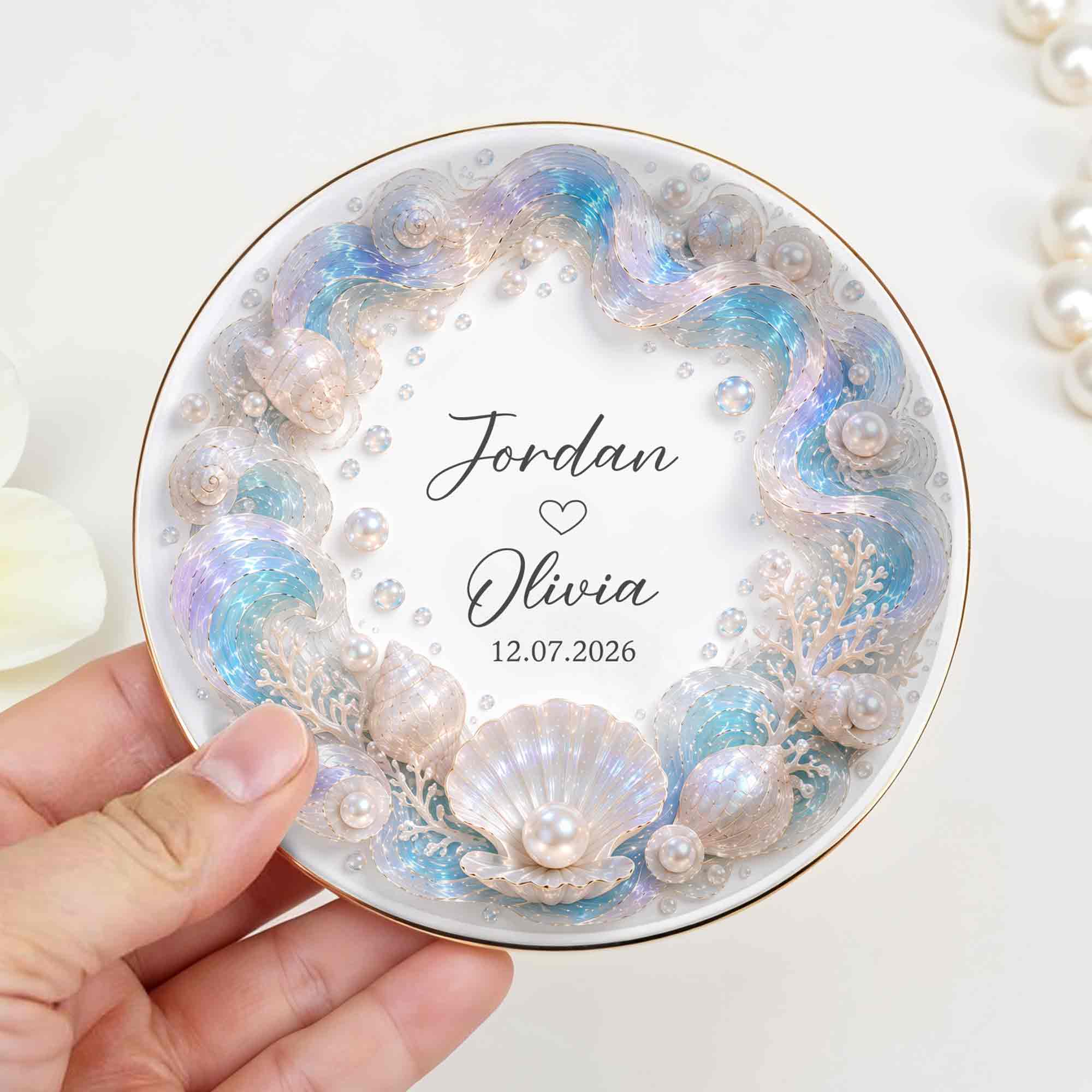 Personalized Ceramic Jewelry Dish Ocean Theme Custom Gift for Couples
