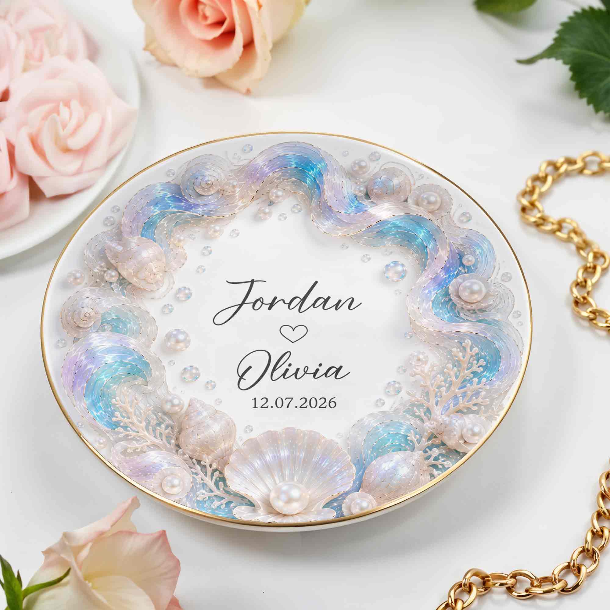 Personalized Ceramic Jewelry Dish Ocean Theme Custom Gift for Couples