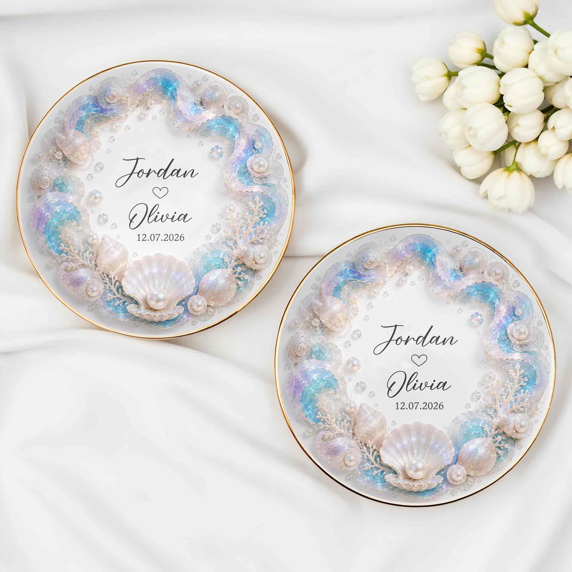 Personalized Ceramic Jewelry Dish Ocean Theme Custom Gift for Couples