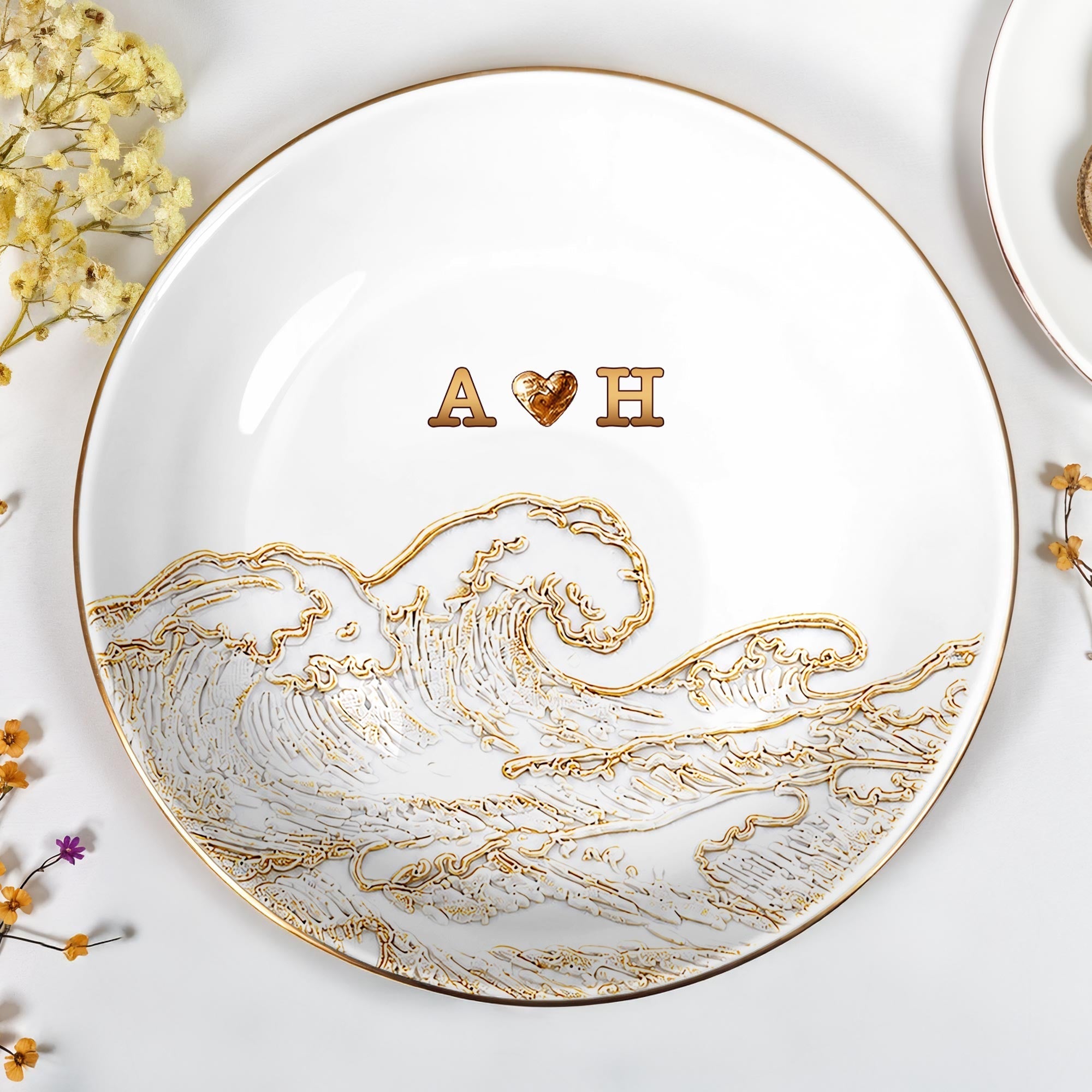 Personalized Ceramic Jewelry Dish Ocean Wave Heart Gift for Couples