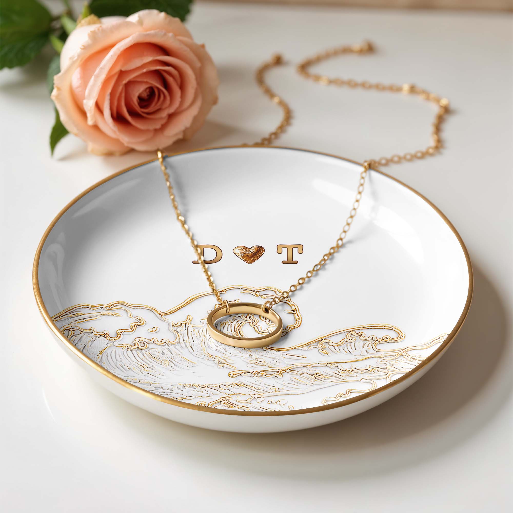Personalized Ceramic Jewelry Dish Ocean Wave Heart Gift for Couples
