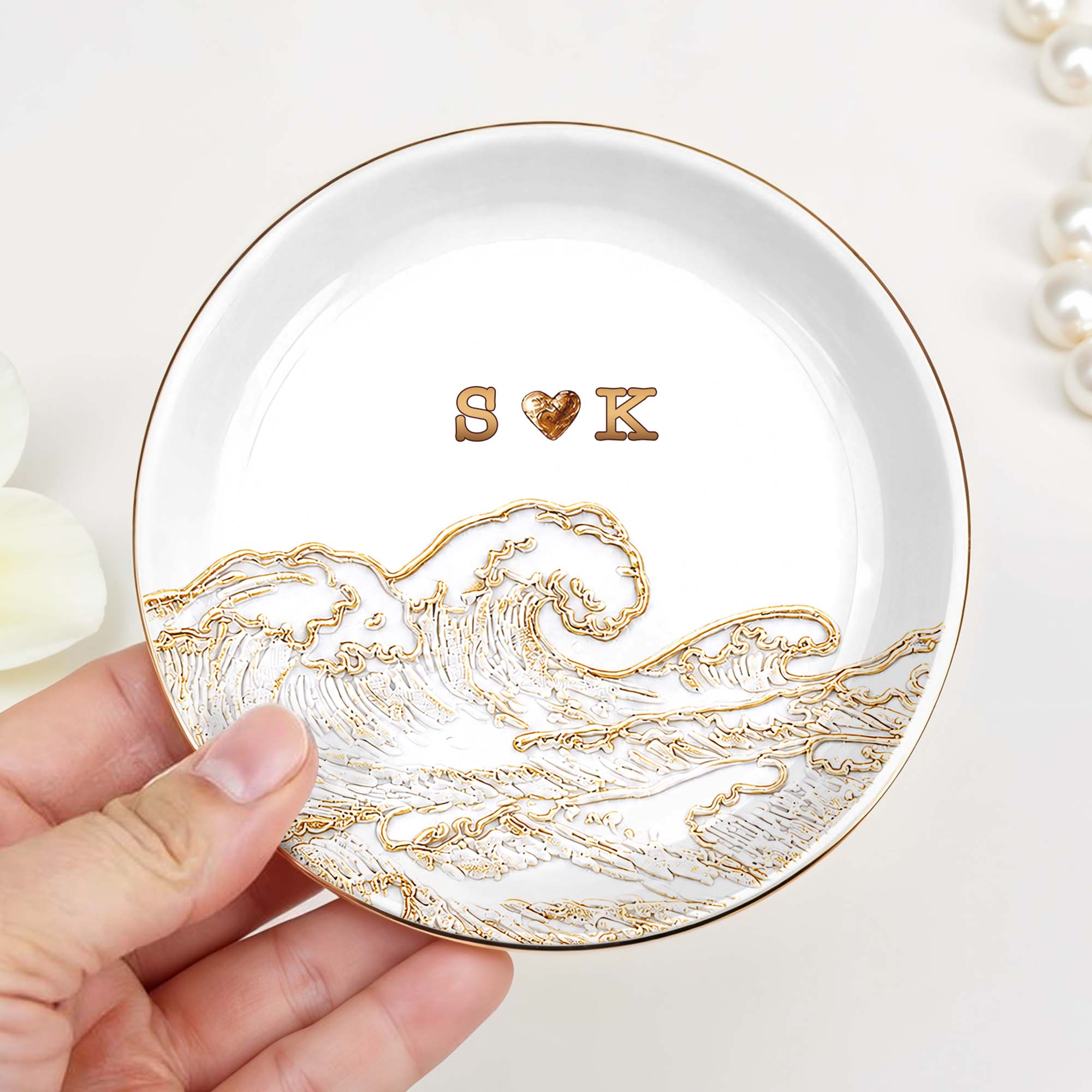 Personalized Ceramic Jewelry Dish Ocean Wave Heart Gift for Couples
