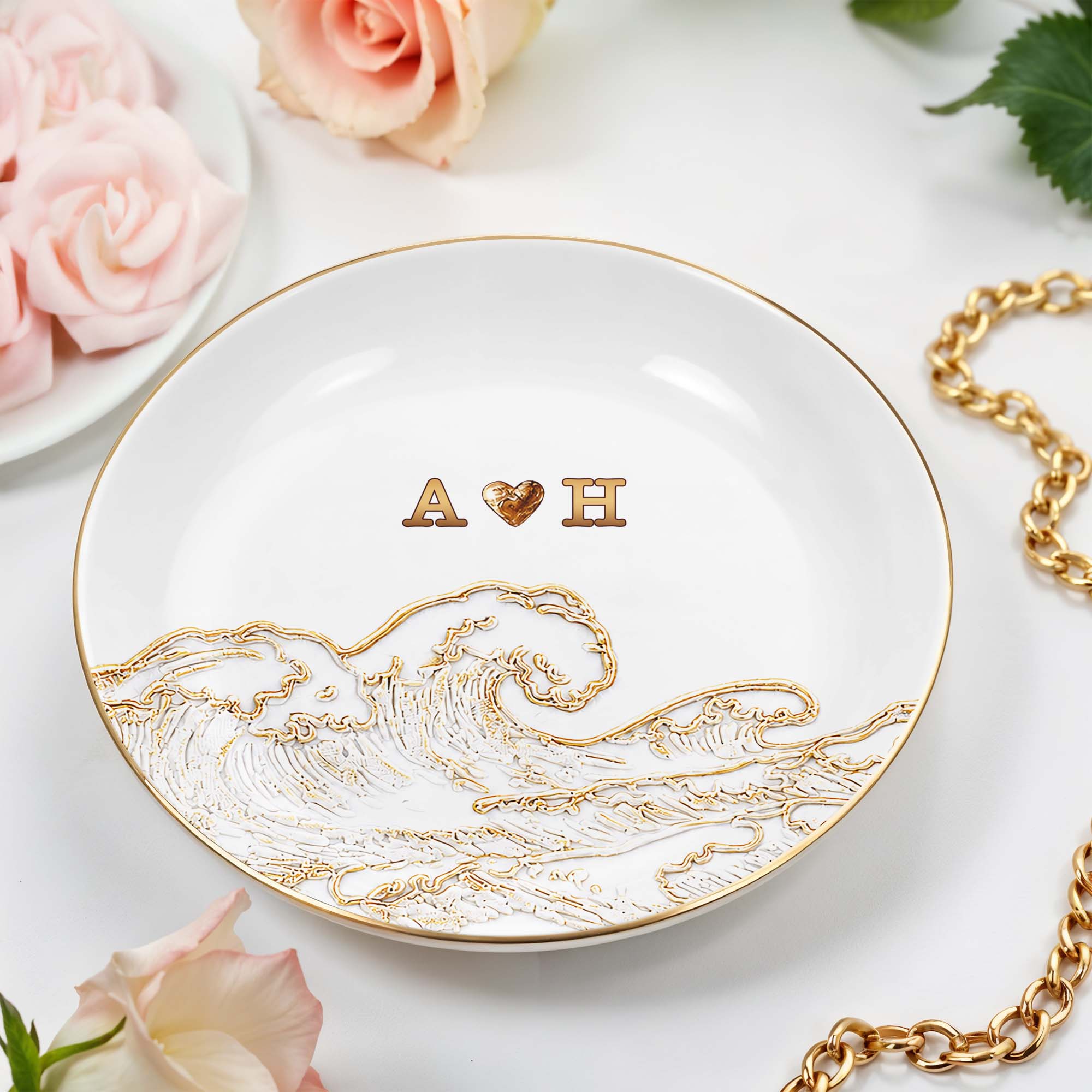 Personalized Ceramic Jewelry Dish Ocean Wave Heart Gift for Couples