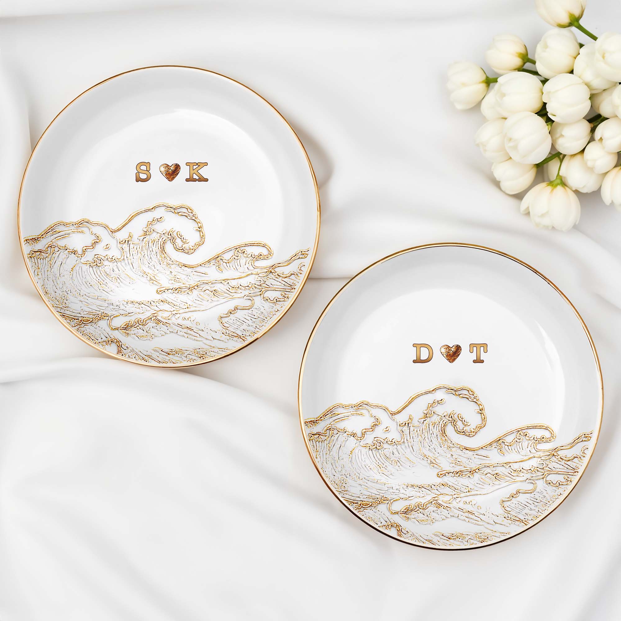 Personalized Ceramic Jewelry Dish Ocean Wave Heart Gift for Couples