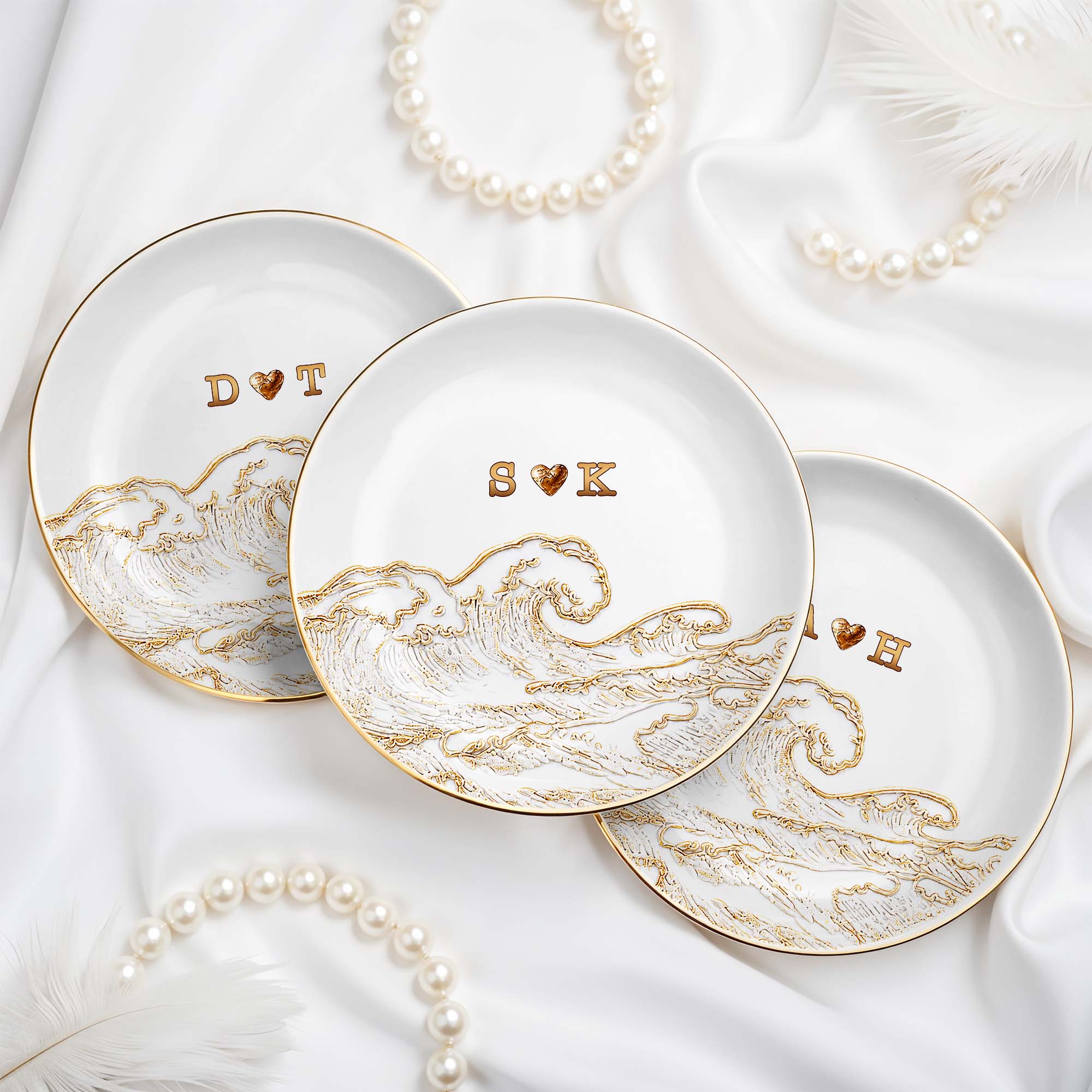 Personalized Ceramic Jewelry Dish Ocean Wave Heart Gift for Couples
