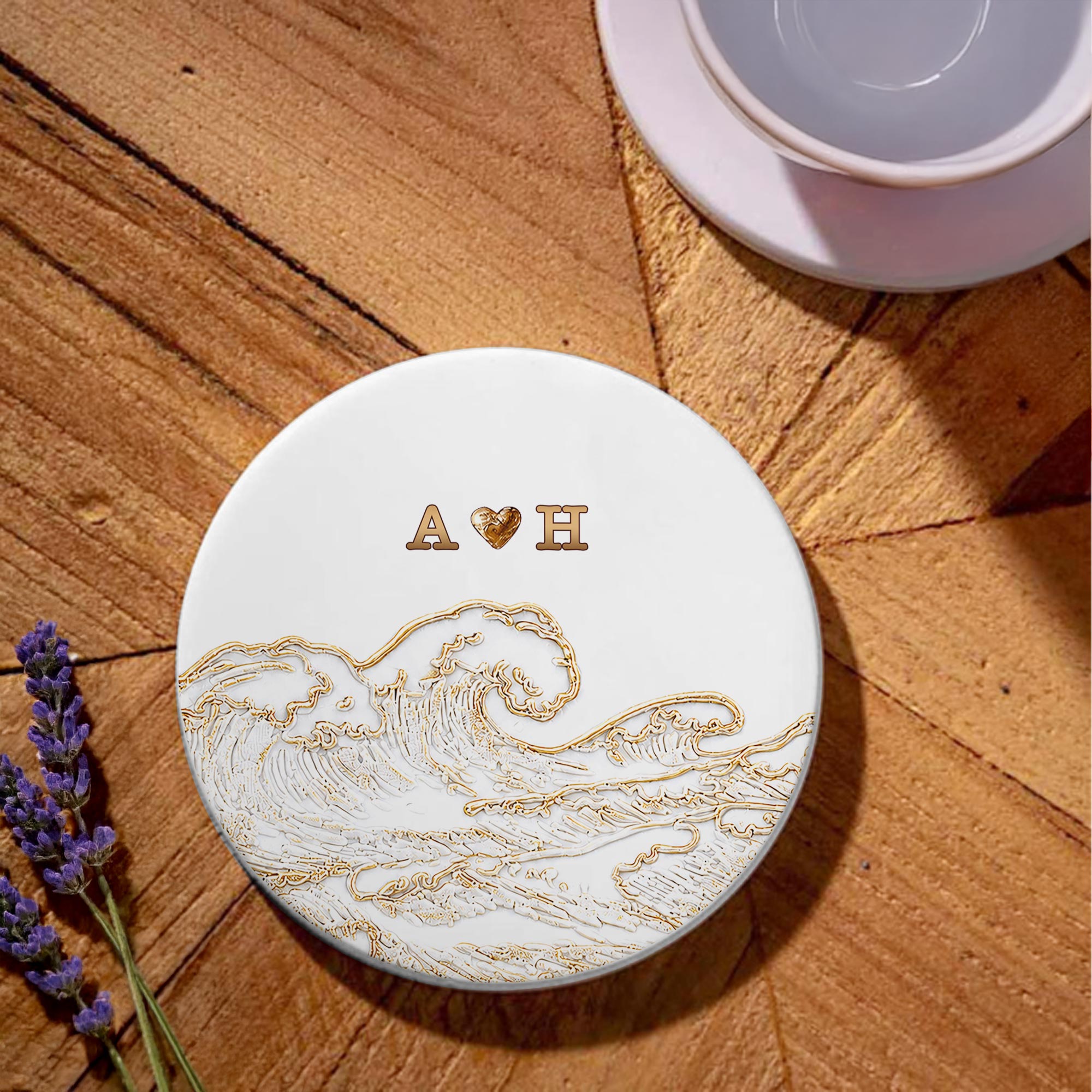 Personalized Ceramic Coaster with Ocean Wave Design Gift for Couples