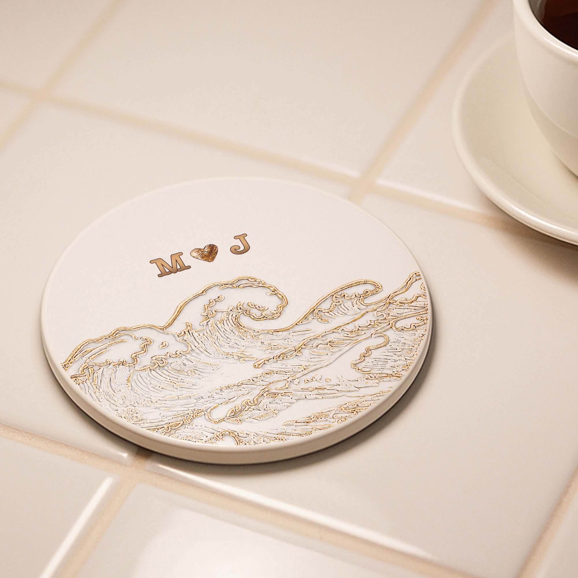 Personalized Ceramic Coaster with Ocean Wave Design Gift for Couples