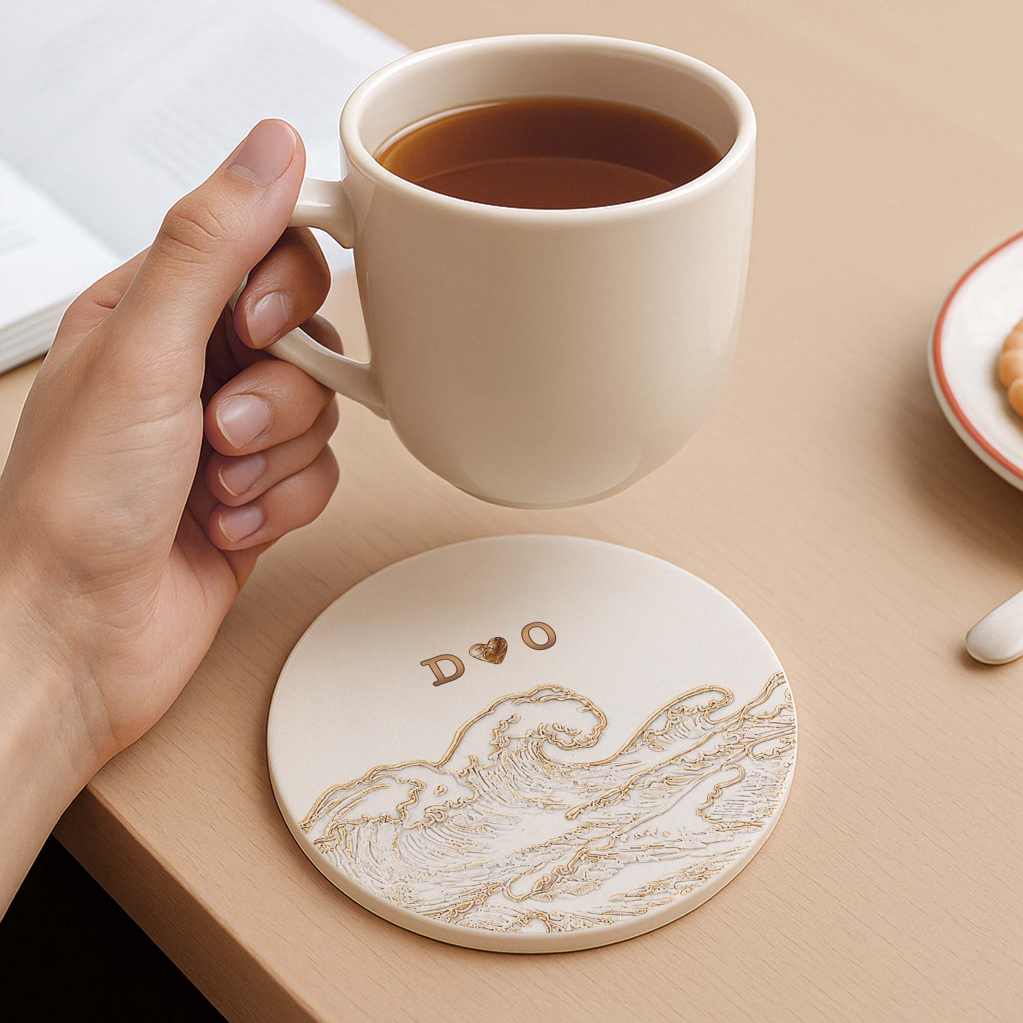 Personalized Ceramic Coaster with Ocean Wave Design Gift for Couples