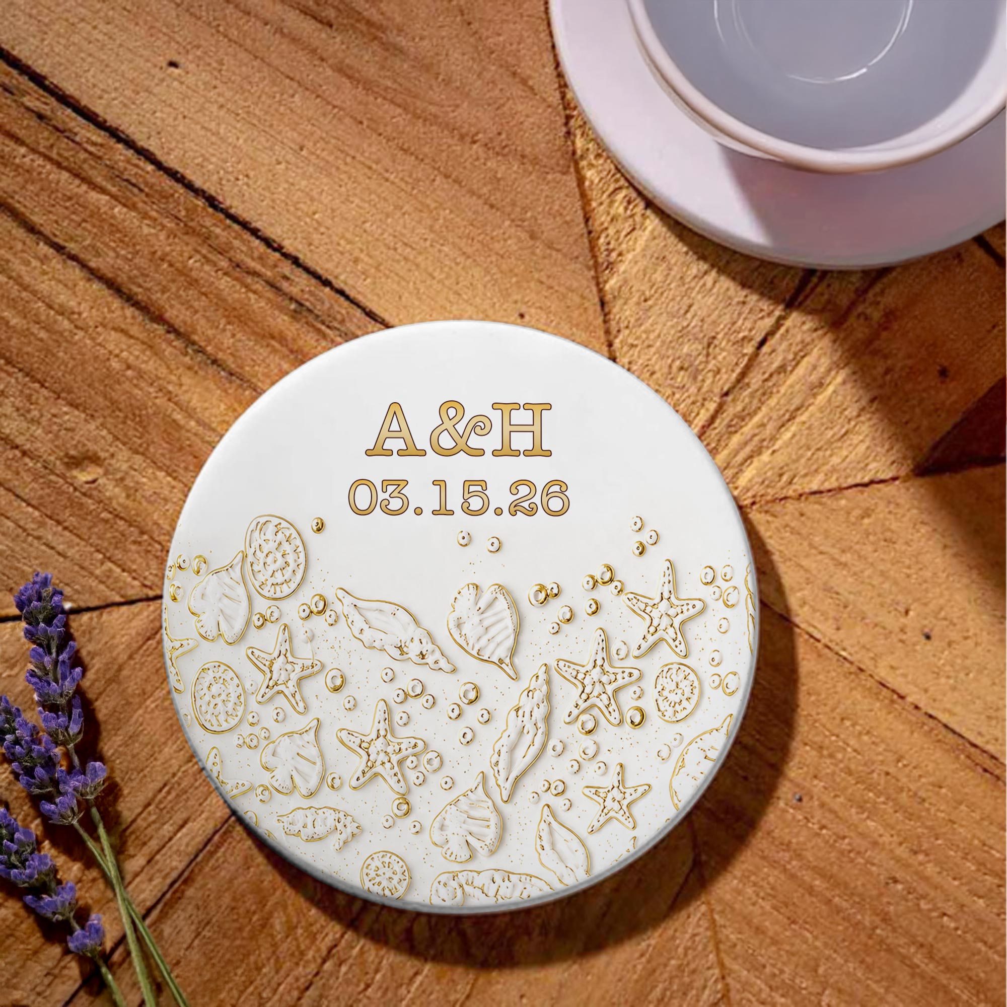 Personalized Beach Design Ceramic Coaster Custom Date Gift for Couples